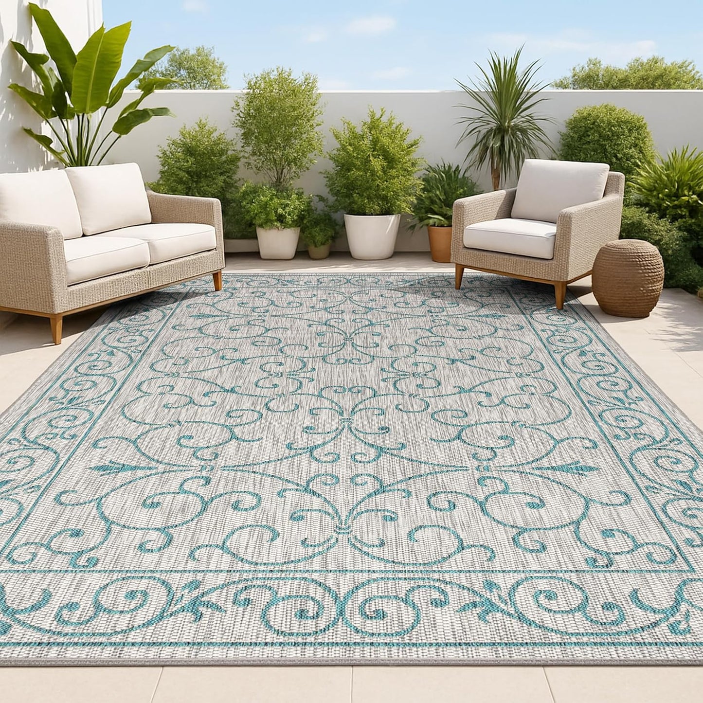 JONATHAN Y SMB106E-5 Charleston Vintage Filigree Textured Weave Indoor Outdoor Rug LivingRoom Backyard,5 X 8,Gray/Teal
