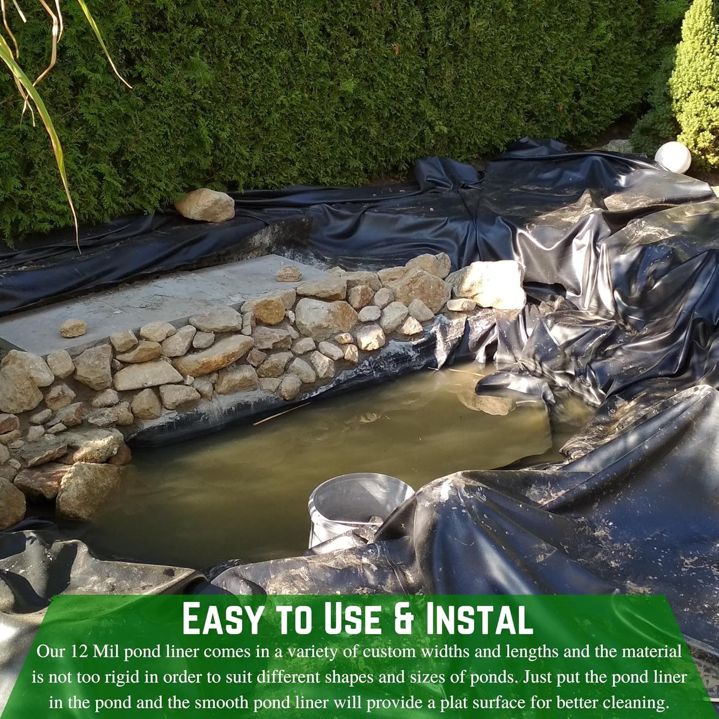 Farm Plastic Supply - 12 Mil String Reinforced Black/White Pond Liner - 12 Mil Fish Pond Liner, Pond Liners for Outdoor Ponds, Koi Ponds, Garden Fountain, Containment Liner (12' x 40')