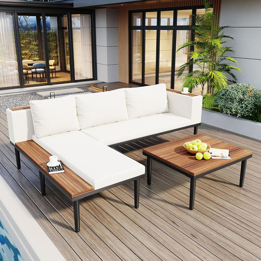 Acacia Wood Patio Furniture Set, Luxury Outdoor Conversation Sectional Sofa with Removable Cushions and Coffee Table, Side Table, L-Shaped Sofa Set for Backyard, Porch (Beige/17)
