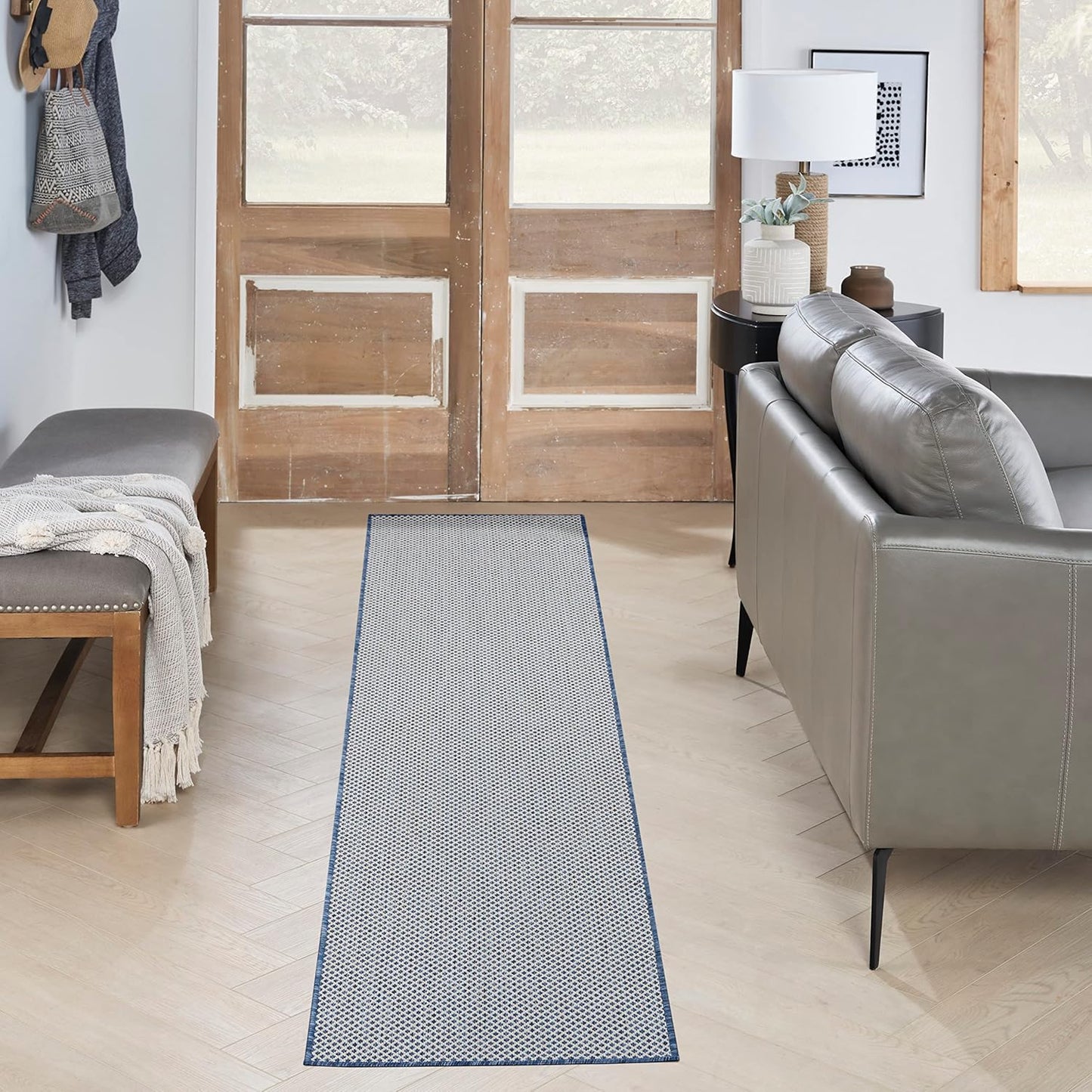 Nourison Home Courtyard 10' Runner Ivory Blue Fabric Modern Area Rug (10' Runner)