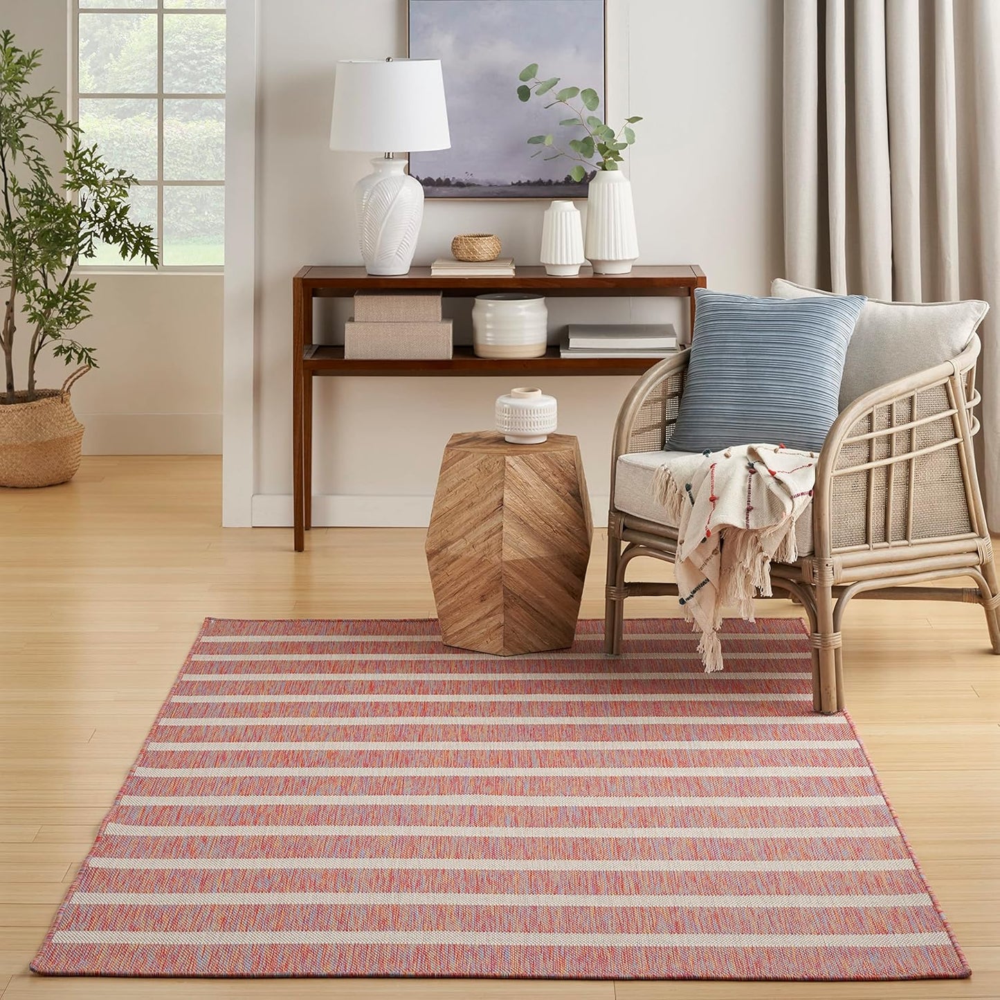 Nourison Home Positano Indoor/Outdoor Rainbow Ivory 5' x 7' Area Rug, Easy Cleaning, Non Shedding, Bed Room, Living Room, Dining Room, Deck, Backyard, Patio (5x7)