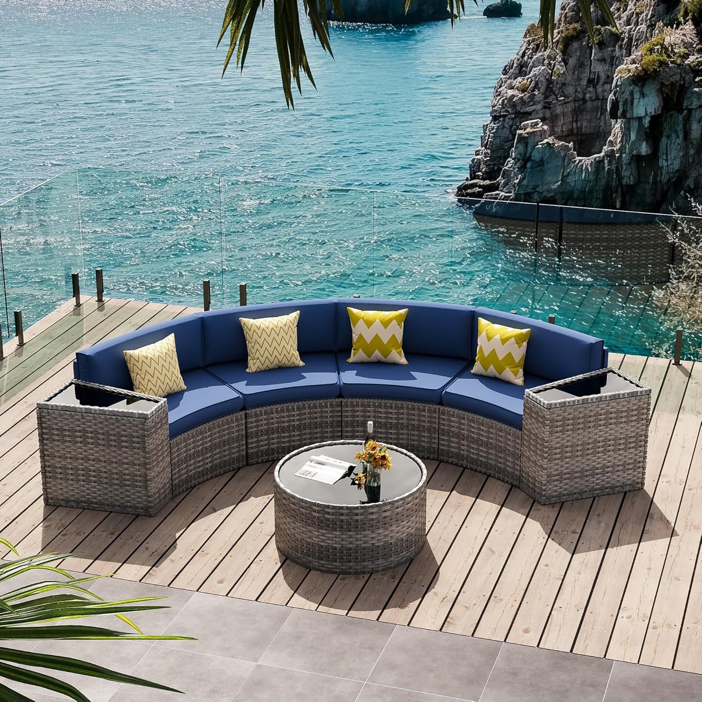 Patio Sectional Furniture Outdoor 7-Piece Grey Rattan Curved Sofa Set with Storage Table, Fit for Pool Backyard Balcony Porch Lawn (Navy)