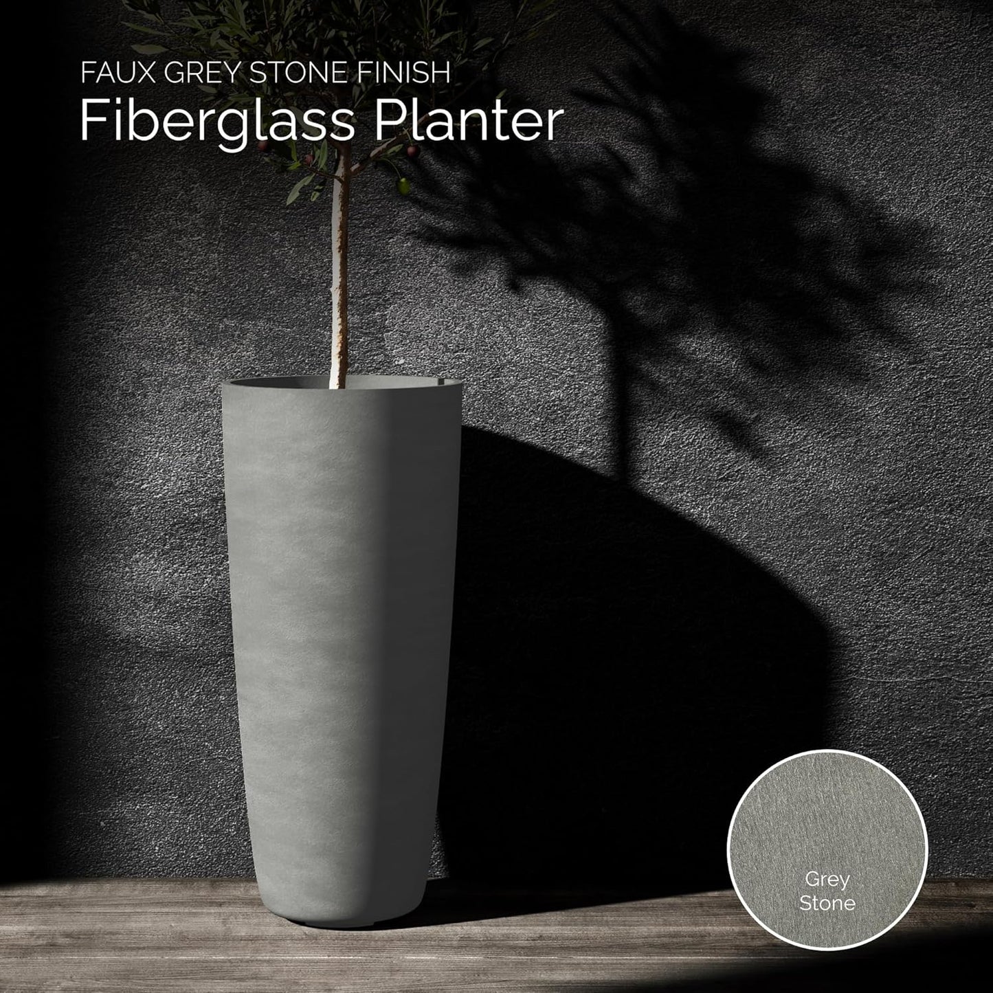Lofto Tall Planter – Grey Stone Finish – Fiberglass Indoor/Outdoor and Weather-Resistant Large Planter (16.5" D x 36.4" H Exterior, 15.3" D x 36.2" H Interior)