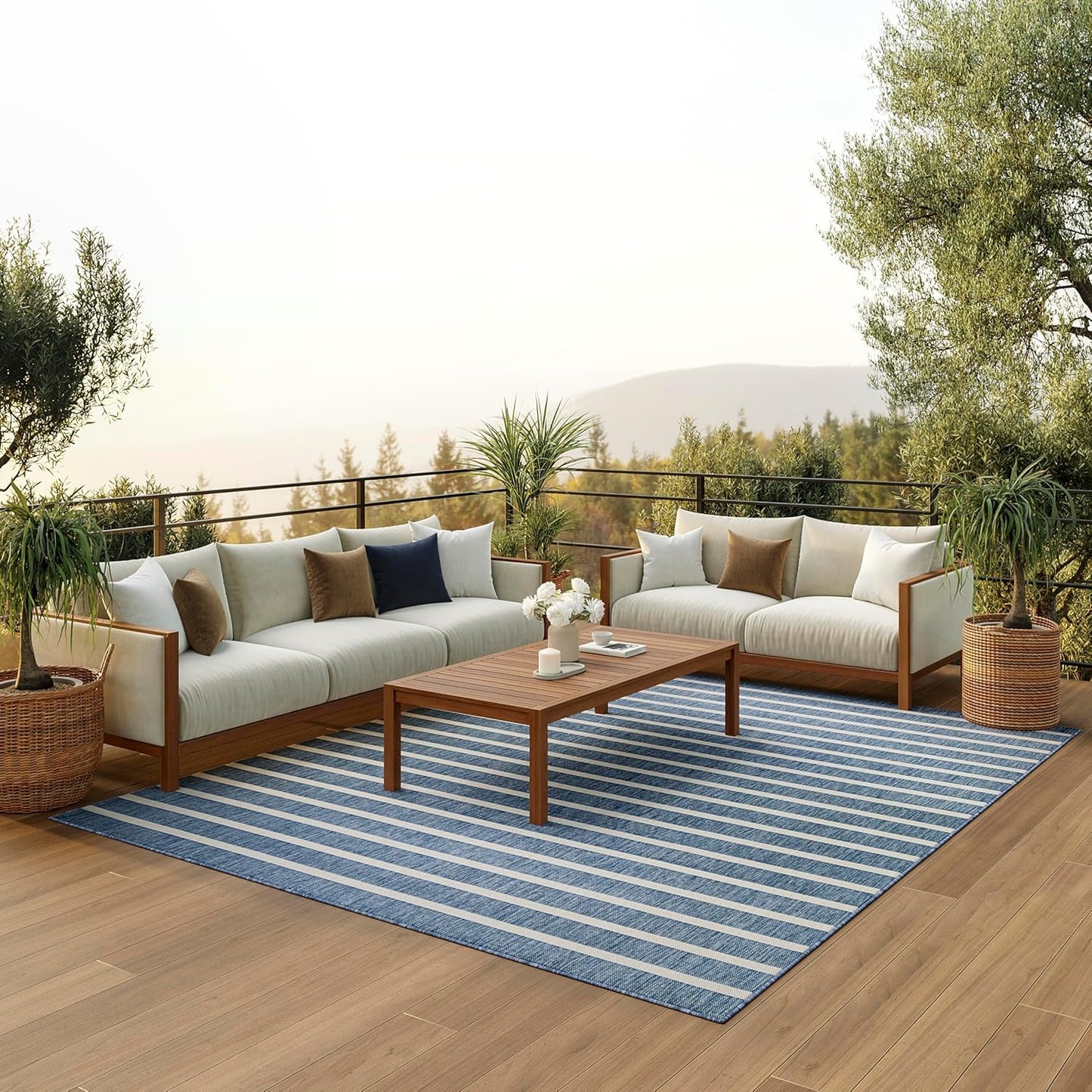 Nourison Home Positano Indoor/Outdoor Navy Ivory 8' x 10' Area Rug, Easy Cleaning, Non Shedding, Bed Room, Living Room, Dining Room, Backyard, Deck, Patio (8x10)