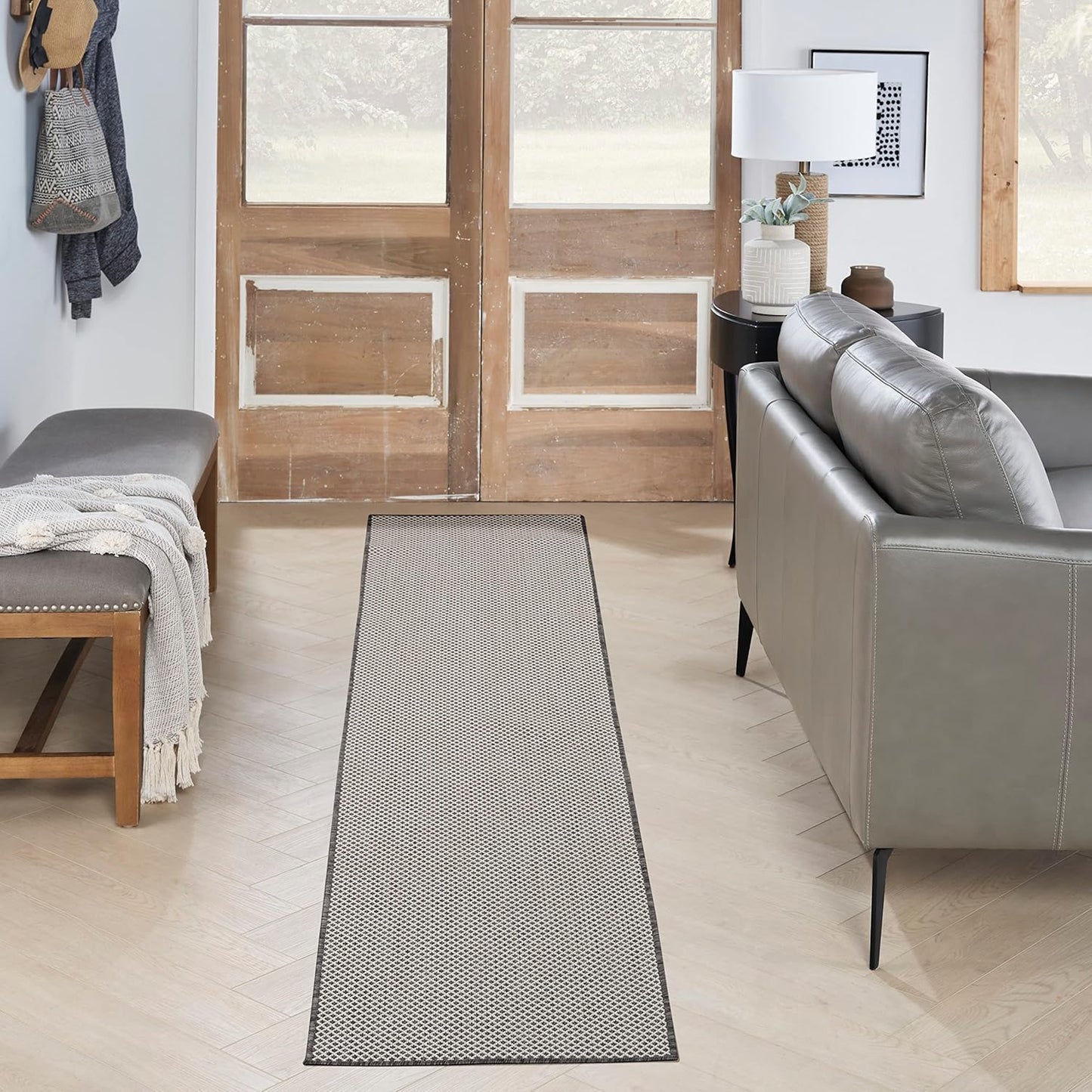 Nourison Home Courtyard 8' Runner Ivory Charcoal Fabric Modern Area Rug (8' Runner)