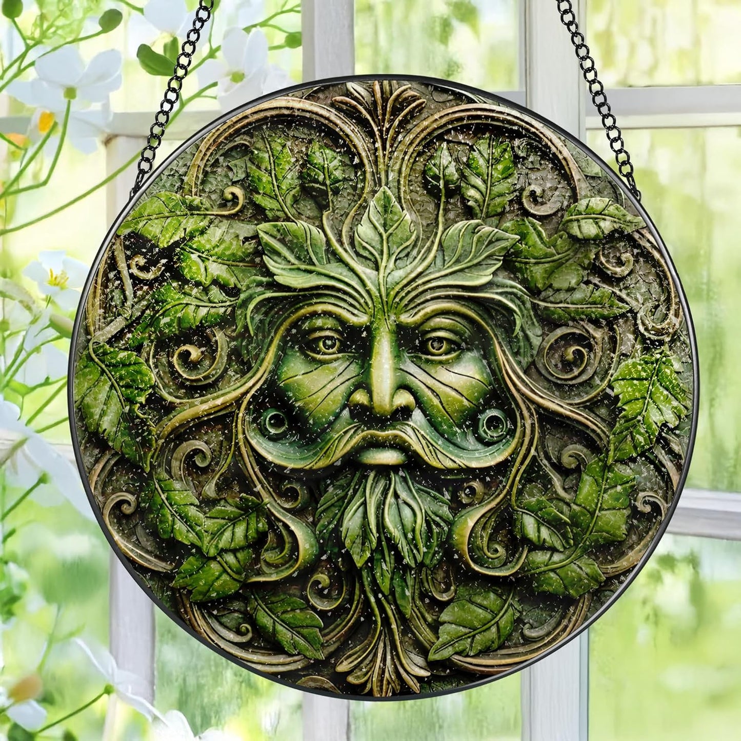 Green Man Stained Glass Suncatcher, Stained Glass Window Hanging, 8 Inch Window Decor Hanging, Gift for Garden Lovers, Fathers Day Birthday Gifts for Dad Grandpa Man Bother Husband Lover