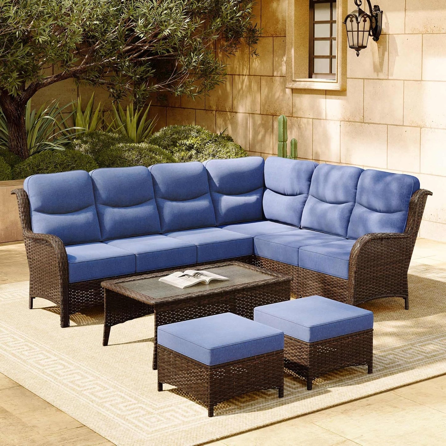 HILLGA Luxury Patio Furniture Set with 6-inch Thick Cushion, Outdoor Sectional Sofa and Coffee Table, 4PCS Wicker Conversation Set for Deck Yard and Poolside, Blue (V2)