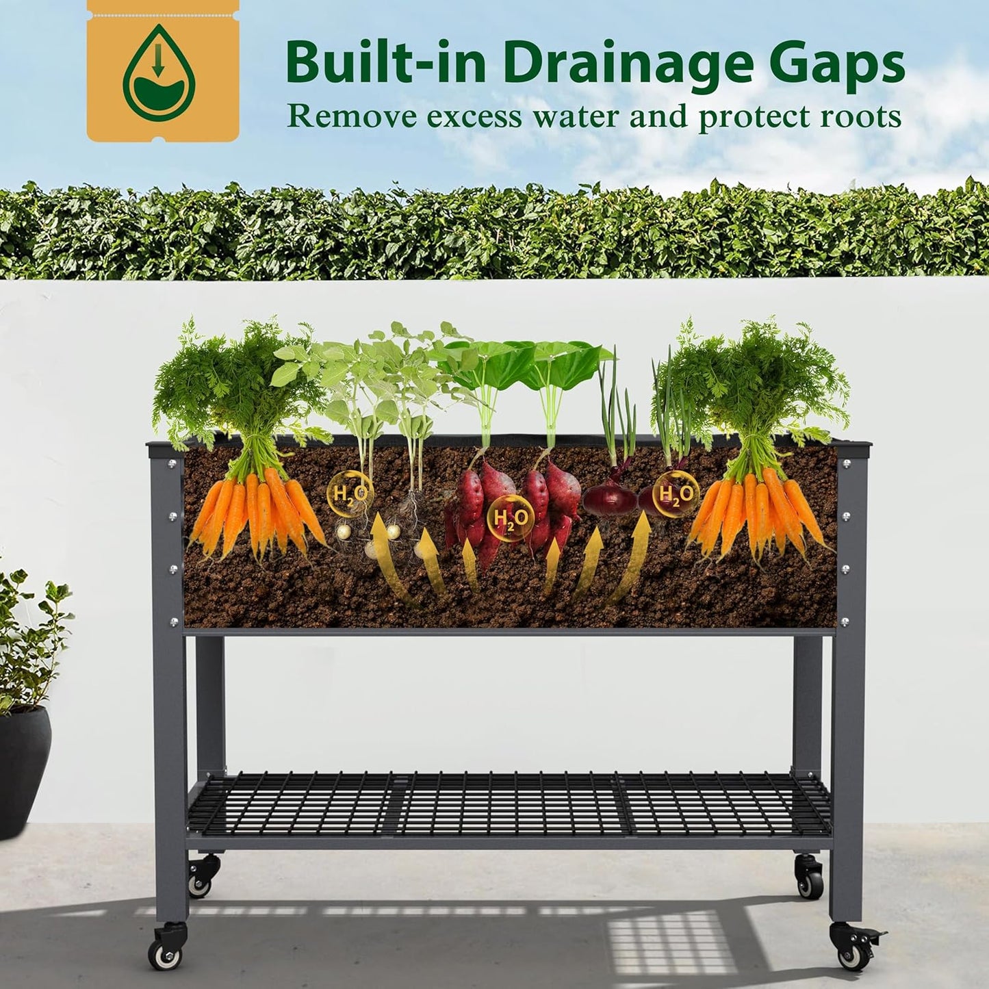 MUPATER Galvanized Steel Raised Garden Bed, 47.8" L x 23.5" W x 33.5" H Large Metal Elevated Raised Planter Box with Rolling Casters & Extra Bottom Shelf for Backyard, Patio, Balcony, Gray