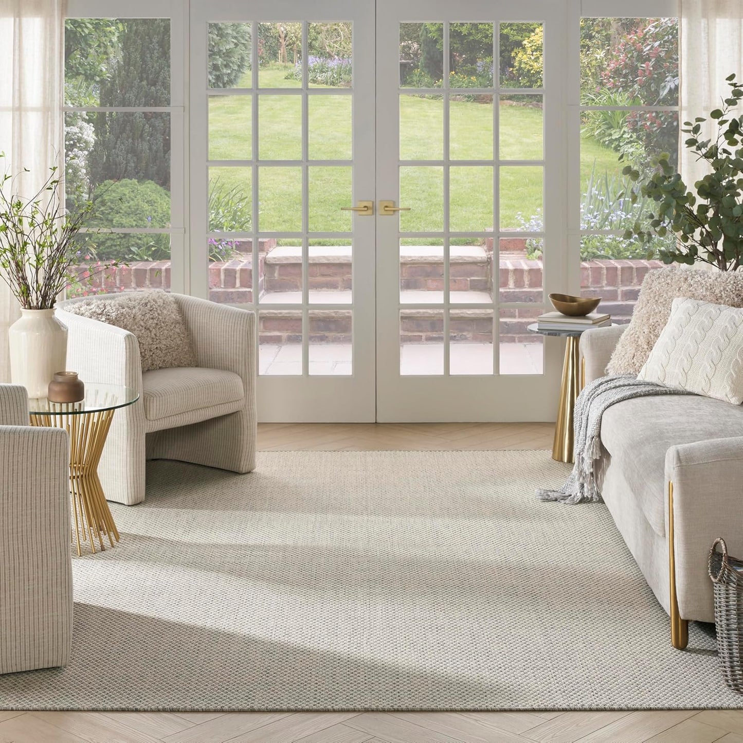 Nourison Courtyard Indoor/Outdoor Ivory Silver 8' x 10' Area Rug, Geometric, Easy Cleaning, Non Shedding, Bed Room, Living Room, Dining Room, Deck, Patio, Backyard (8x10)