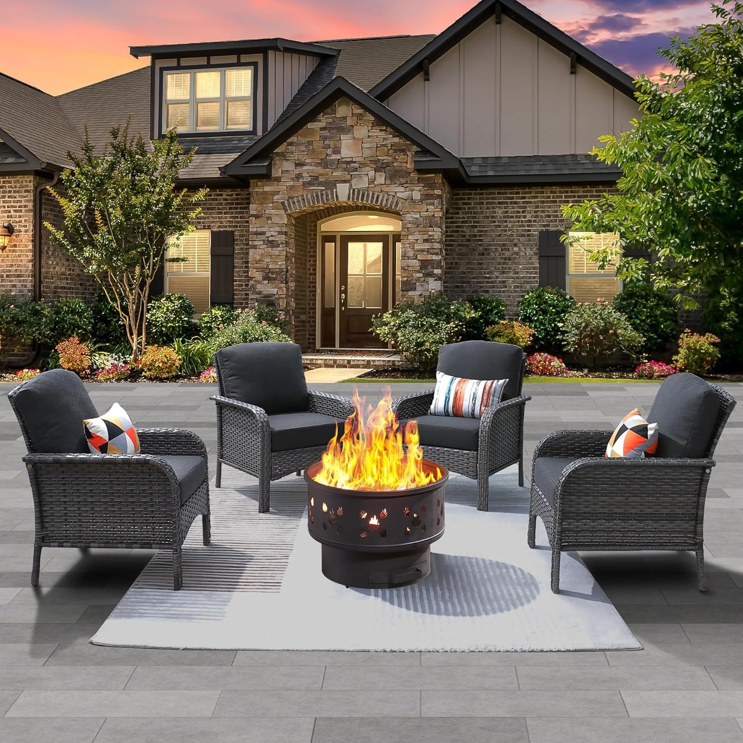 ovios 4 Pieces Patio Furniture Set with 25" Fire Pit, Outdoor Wicker Chairs of 4, All Weather High Back Rattan Chairs 4-Seater with Comfy Cushions, Black