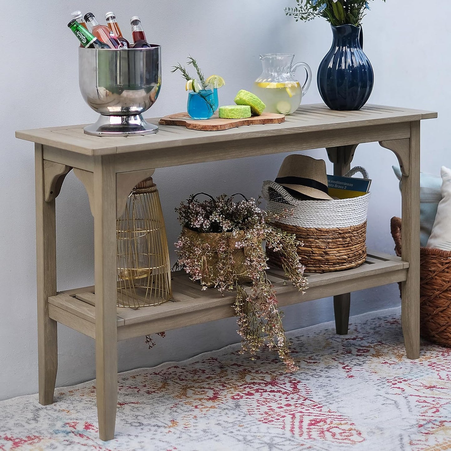 Cambridge Casual Teak Auburn Outdoor Console Table, Solid Indonesian Teak Wood in Weathered Gray Finish, Stylish and Durable Patio Accent or Plant Table for Porch, Deck, Garden, or Outdoor Entryway
