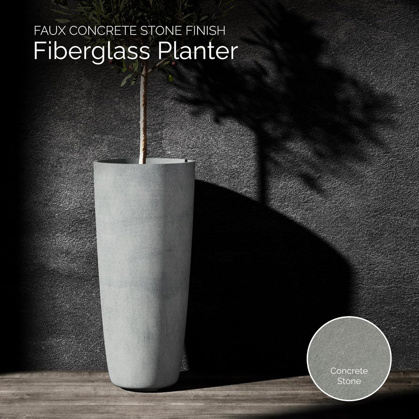 Lofto Tall Planter – Concrete Stone Finish – Fiberglass Indoor/Outdoor and Weather-Resistant Large Planter (14.6" D x 30.5" H Exterior, 13.4" D x 30.3" H Interior)
