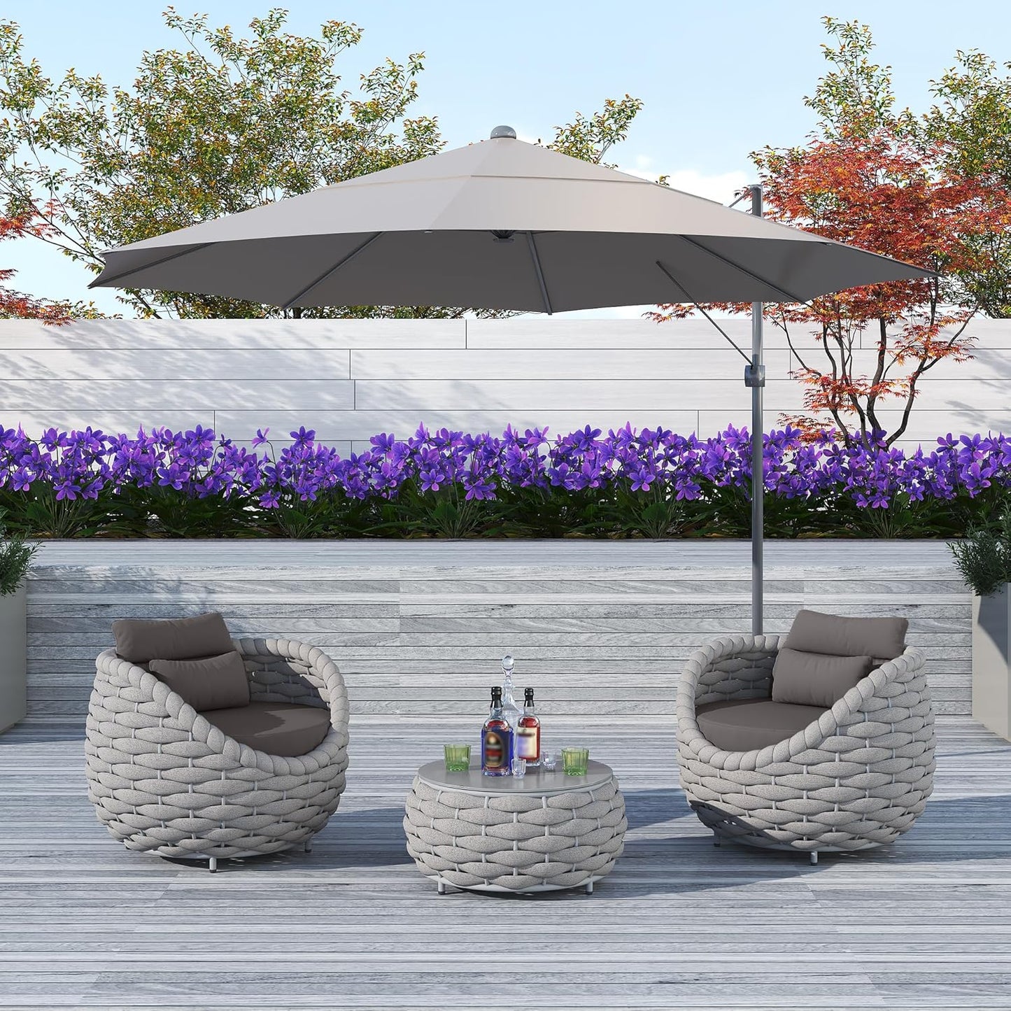 TWT 2 Pieces Patio Furniture Aluminum Armchair, All-Weather Teslin Rope Outdoor Single Sofa, Metal Outdoor Chair with Dark Grey Cushions