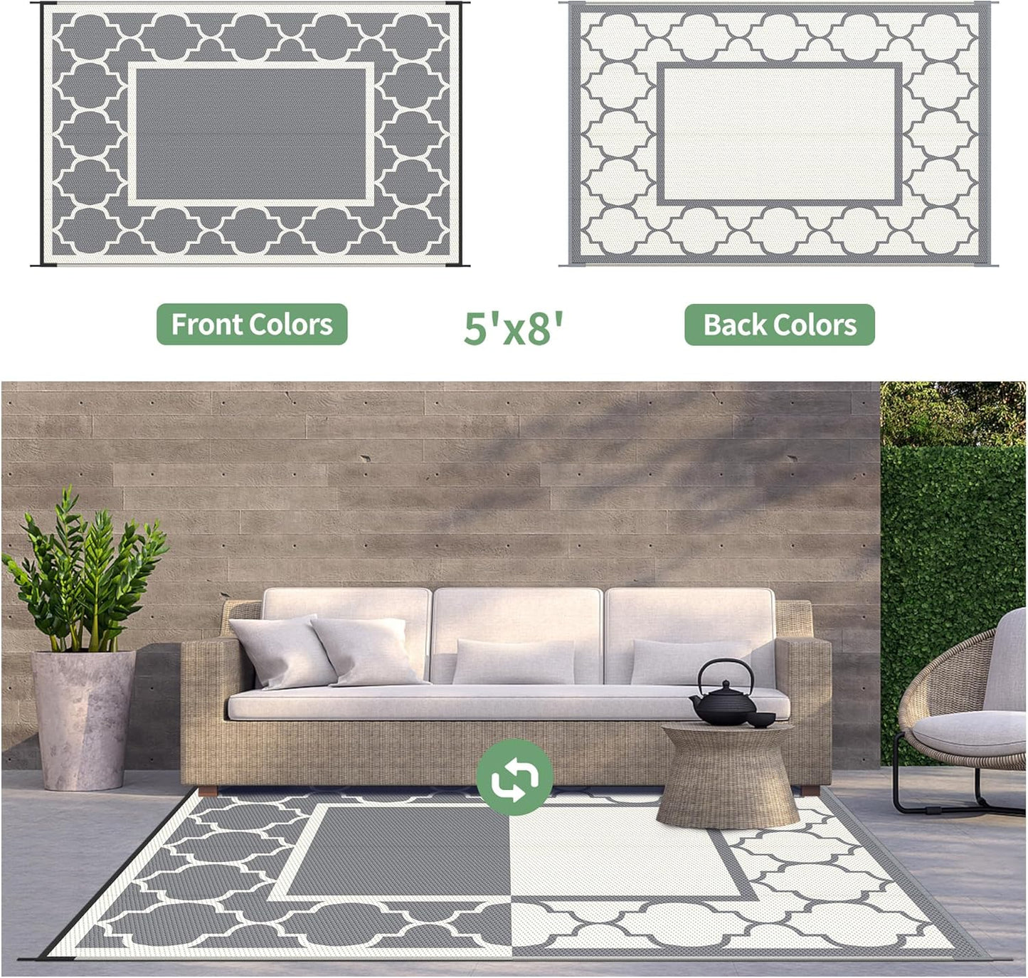 GENIMO 5 ' x 8 ' Outdoor Rug for Patio, Waterproof Indoor Outdoor Plastic Straw Rugs Carpet, Reversible Outside Area Mat for Camping, Balcony Porch, Deck, Picnic, Beach Grey & Beige White