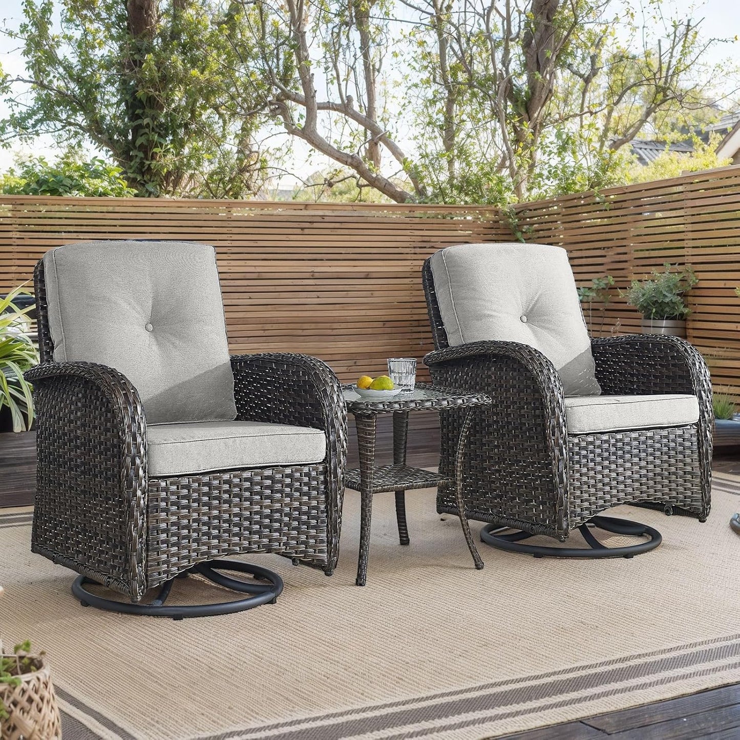 HUMMUH Outdoor Swivel Chairs,3 Pieces Patio Furniture Set with 360 Degree Wicker Swivel Rocking Chairs and Side Table for Garden,Porch,Backyard (Brown/Beige)