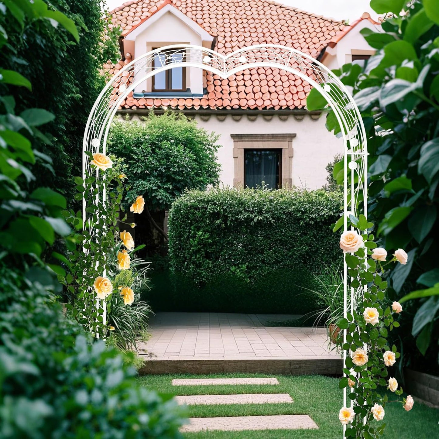 Metal Garden Arch 98.4" H White Garden Arbor Trellis for Outdoor Climbing Plants Support Rose Lawn Tall Large Wedding Archway