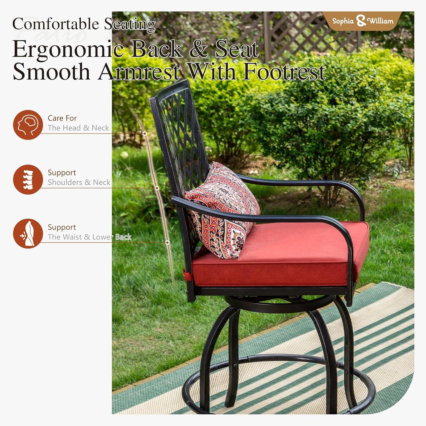 Sophia & William Patio Bar Set 5 Piece Outdoor High Dining Table and Chairs Set, 4 Swivel Bar Stools and 1 Rectangular Bar Height Table, All-Weather Metal Furniture Set with Red Cushion