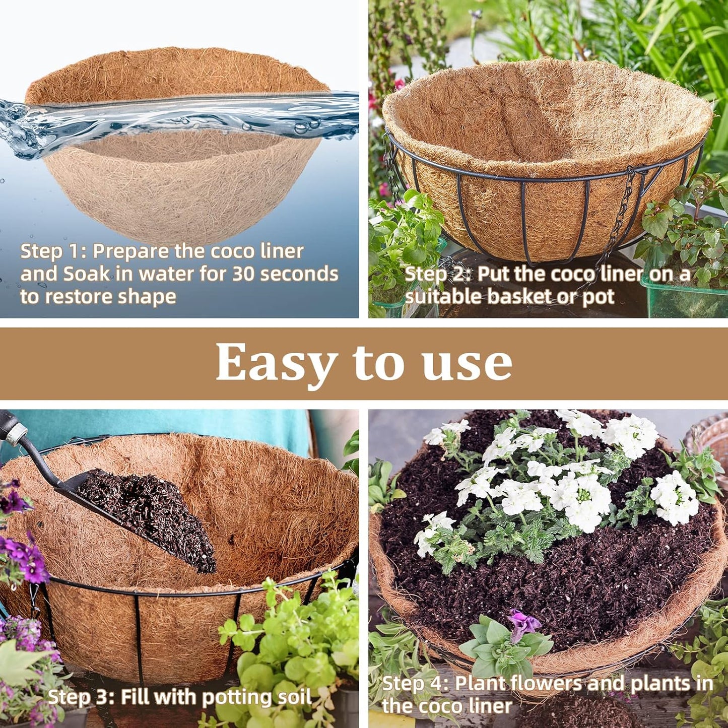 Legigo 4 Pack 18 Inch Hanging Basket Coco Liners Replacement, 100% Natural Round Coconut Coco Fiber Planter Basket Liners for Hanging Basket Flowers/Vegetables