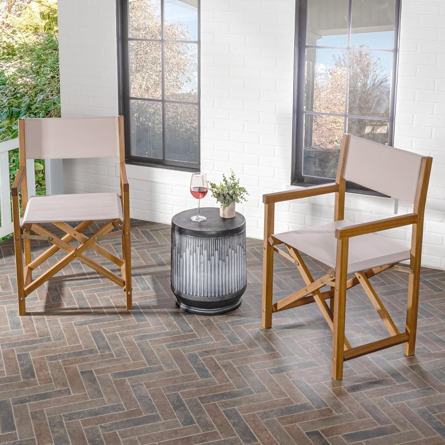 JONATHAN Y DRC1000B-SET2 Cukor Classic Vintage Outdoor Acacia Wood Folding Director Chair with Canvas Seat Classic, Vintage, Mid-Century, Modern, Traditional, Coastal, Beige/Teak Brown (Set of 2)