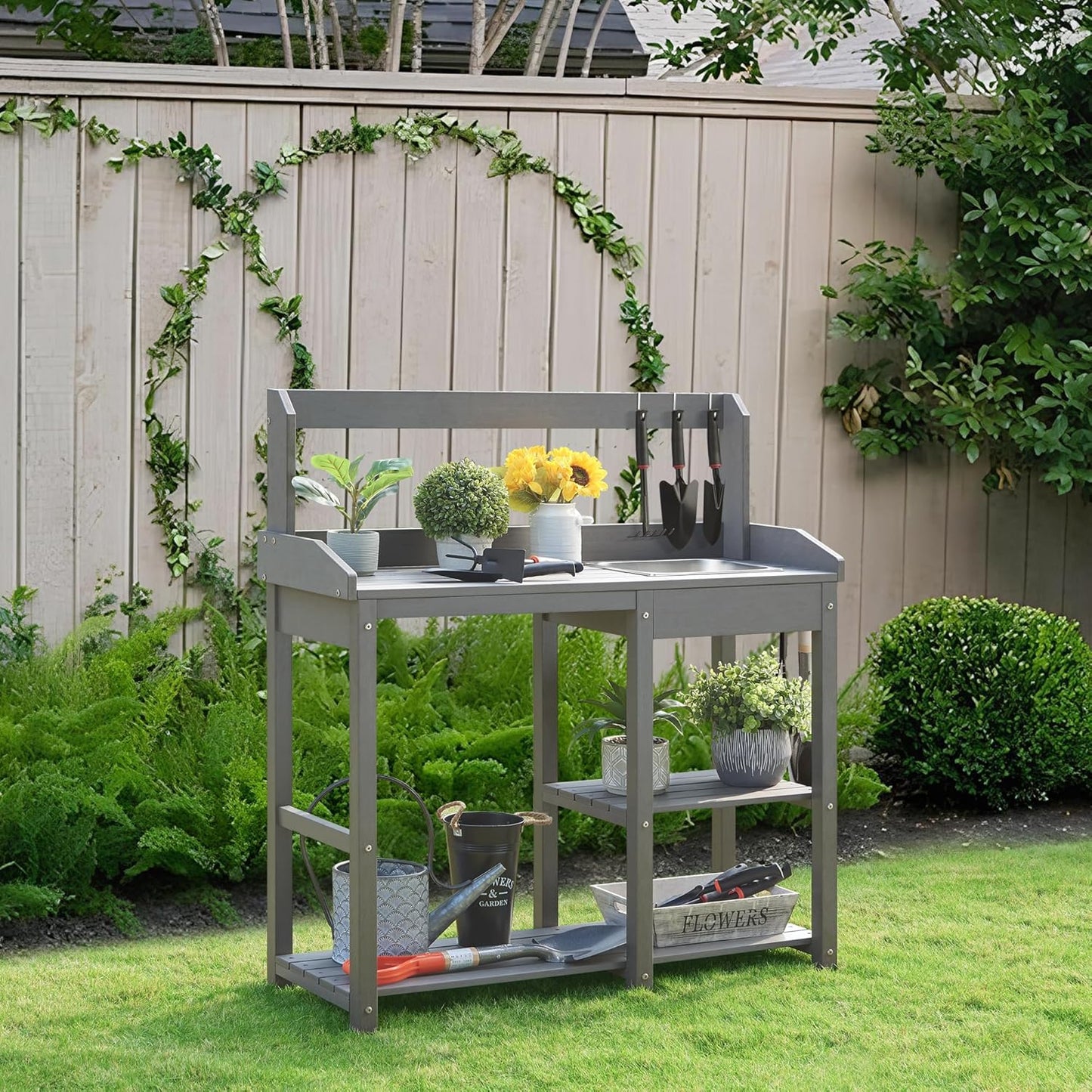 Psilvam Outdoor Potting Bench with Sink for All-Weather Gardens, HDPE Potting Benches for Outside, Planting Table for Garden, Patio and Lawn (Grey)