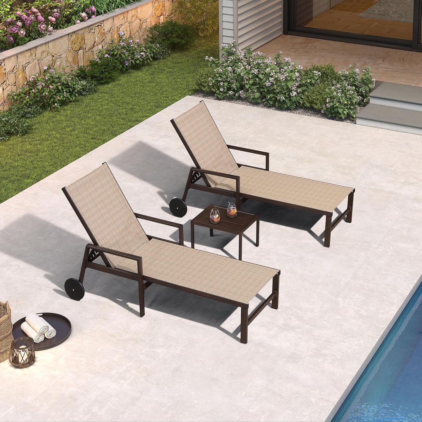 PURPLE LEAF Pool Lounge Chairs Set of 3 Aluminum Outdoor Lounge Chairs with Wheels and Armrests Adjustable Patio for Deck Outside Lawn Garden, Light Tan