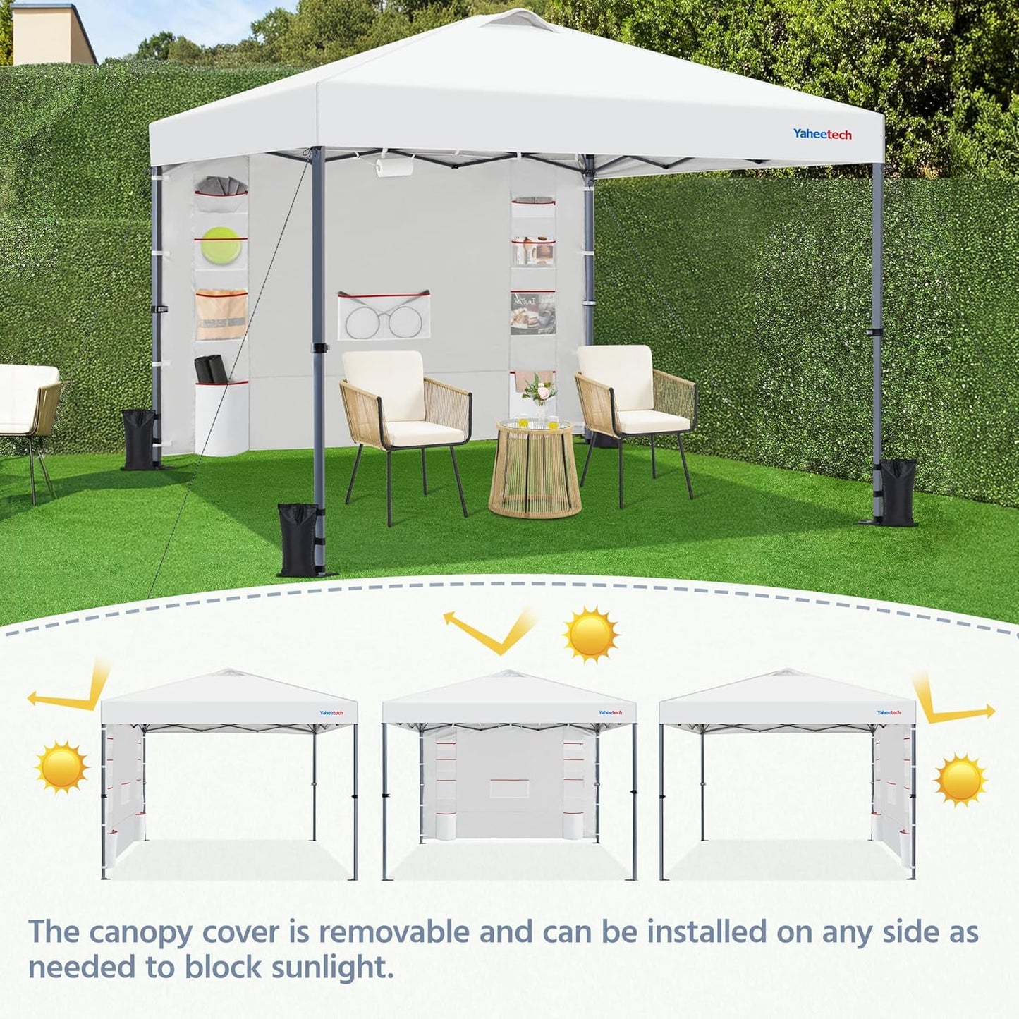 Yaheetech 8x8 Pop-up Canopy Tent w/Removable Pockets Sidewall for Extra Storage, Outdoor Sun Shelter Waterproof & Durable w/Wheeled Bag, Sandbags & Guylines for Beach Camping Party (White)