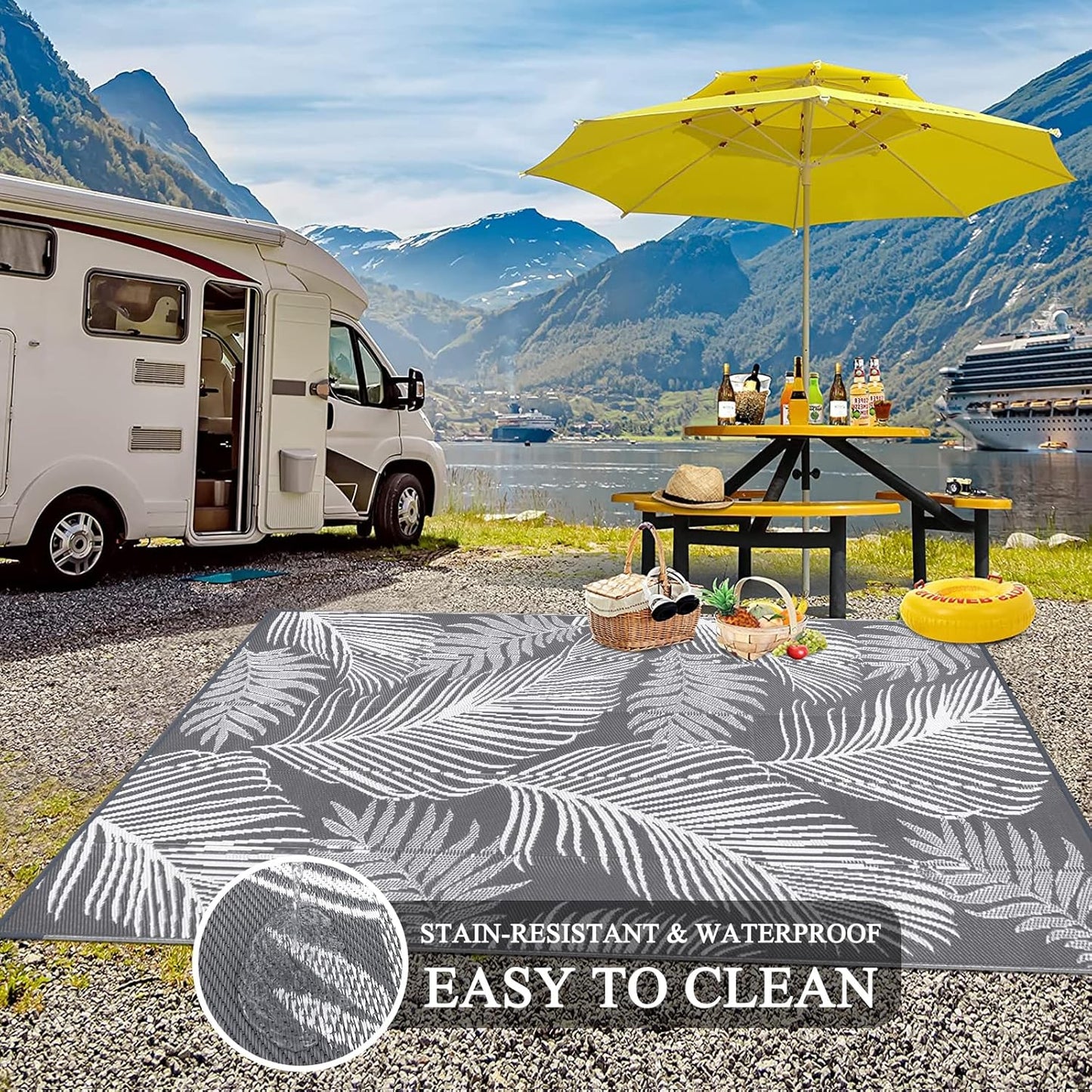 Pauwer Waterproof Outdoor Rug 6x9, Reversible Plastic Straw Patio Camping Rug, Indoor Outdoor RV Mat Carpet for Deck, Camper, Porch, Balcony, Backyard, Picnic, Leaf Grey
