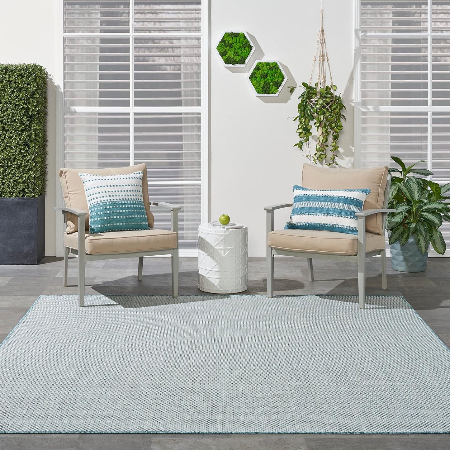 Nourison Home Courtyard Indoor/Outdoor Ivory/Aqua 8' x Square Area Rug, Easy Clean, Non Shedding, Bed Room, Living Room, Dining Room, Backyard, Deck, Patio (8 Square)