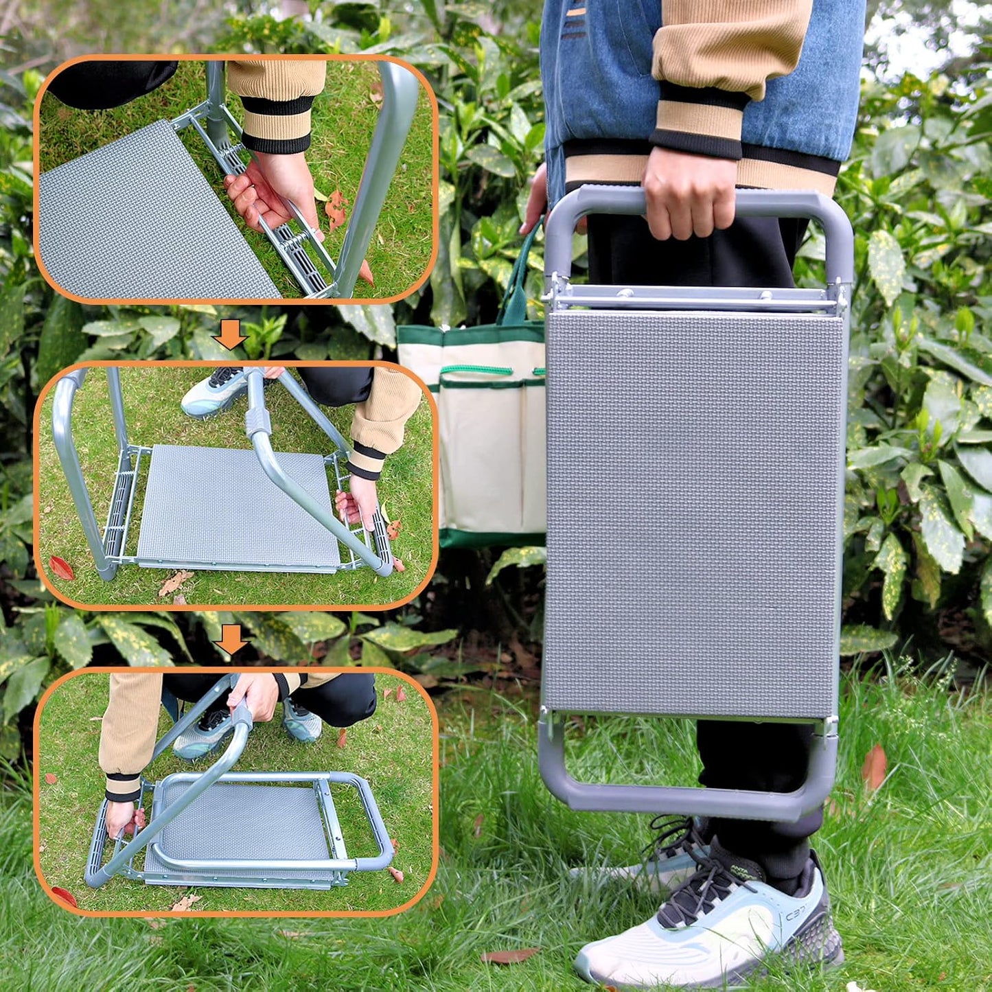 BDL Garden Kneeler Seat Foldable Durable Garden Stool with Tool Bag Pouch and Garden Gloves 330lb Capacity-Protects Your Knees, Clothes from Dirt & Grass Stains