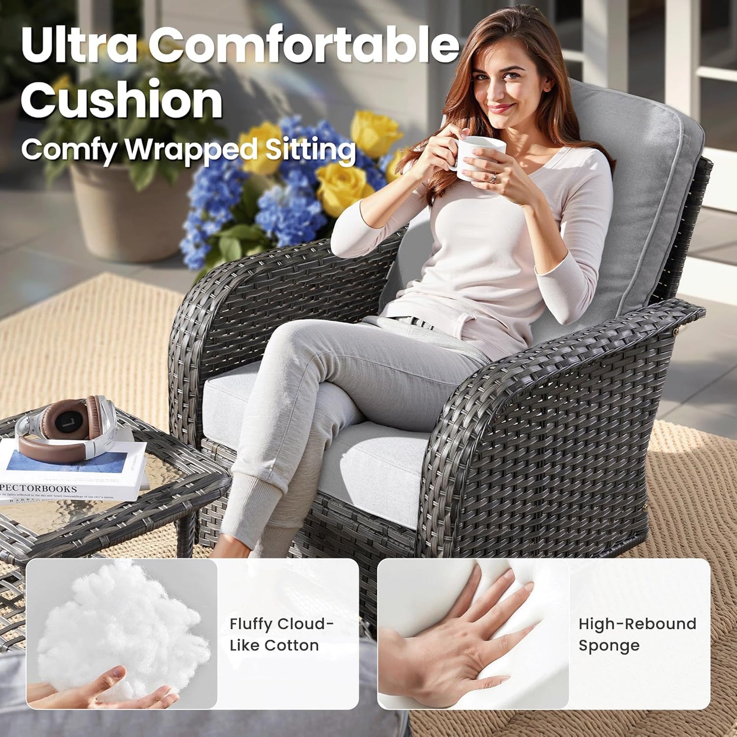 ovios 8 Pieces Patio Furniture Set, Outdoor Wicker Sofa with Swivel Chairs, Coffee Table, All Weather High Back Rattan Loveseat Couch with Comfy Cushions, Grey