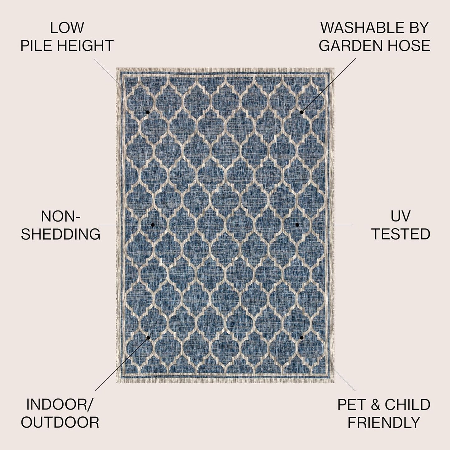 Eyely BMS109D-3SQ Santa Monica Trebol Moroccan Trellis Textured Weave, Pet Friendly, Non-Shedding, Stain Resistant, Easy-Cleaning, Navy/Gray, 3' Square, Indoor/Outdoor, Area Rug
