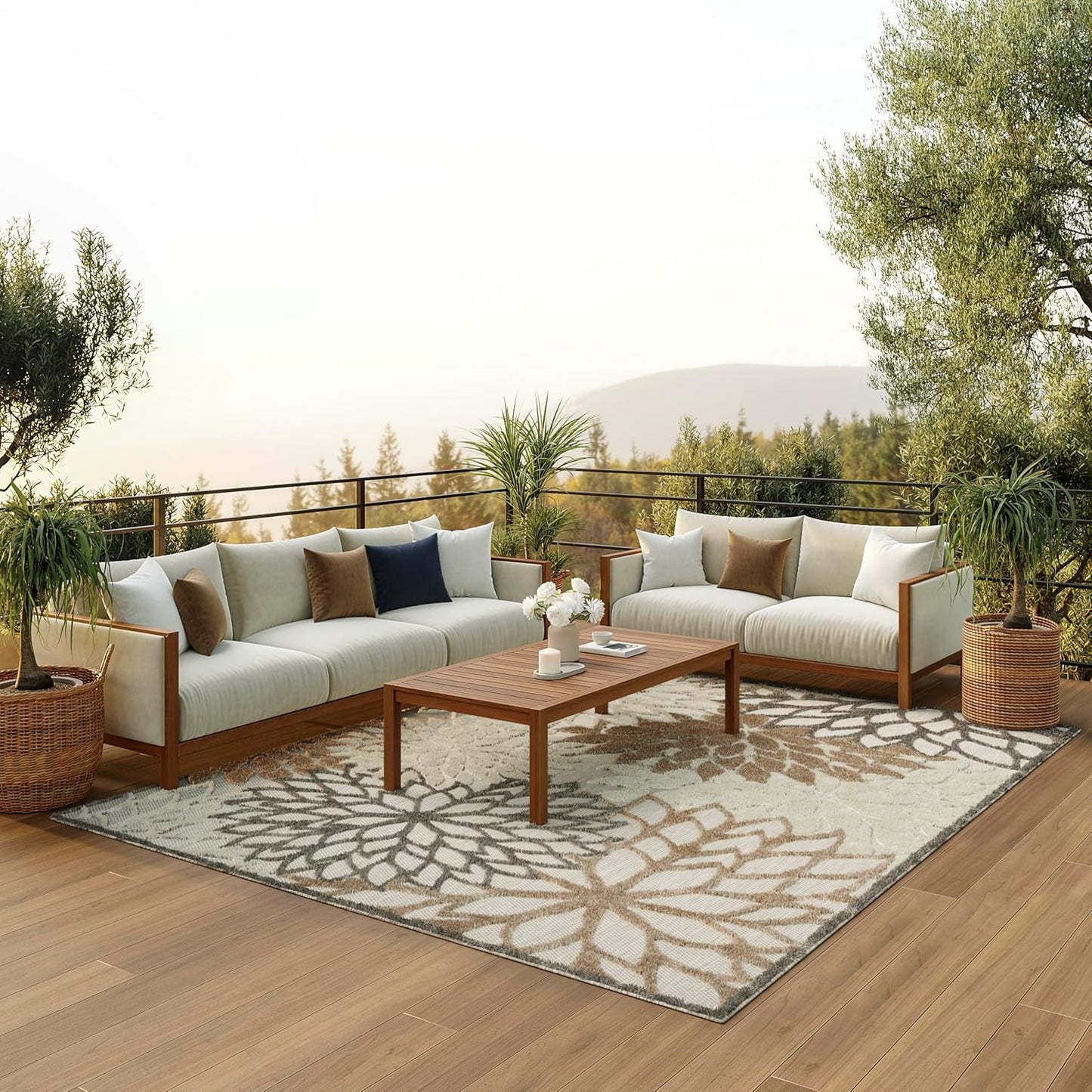 Nourison Home Aloha Indoor/Outdoor Floral Natural 7'10" x 10'6" Area Rug (8' x 11'), 7'10"X10'6",