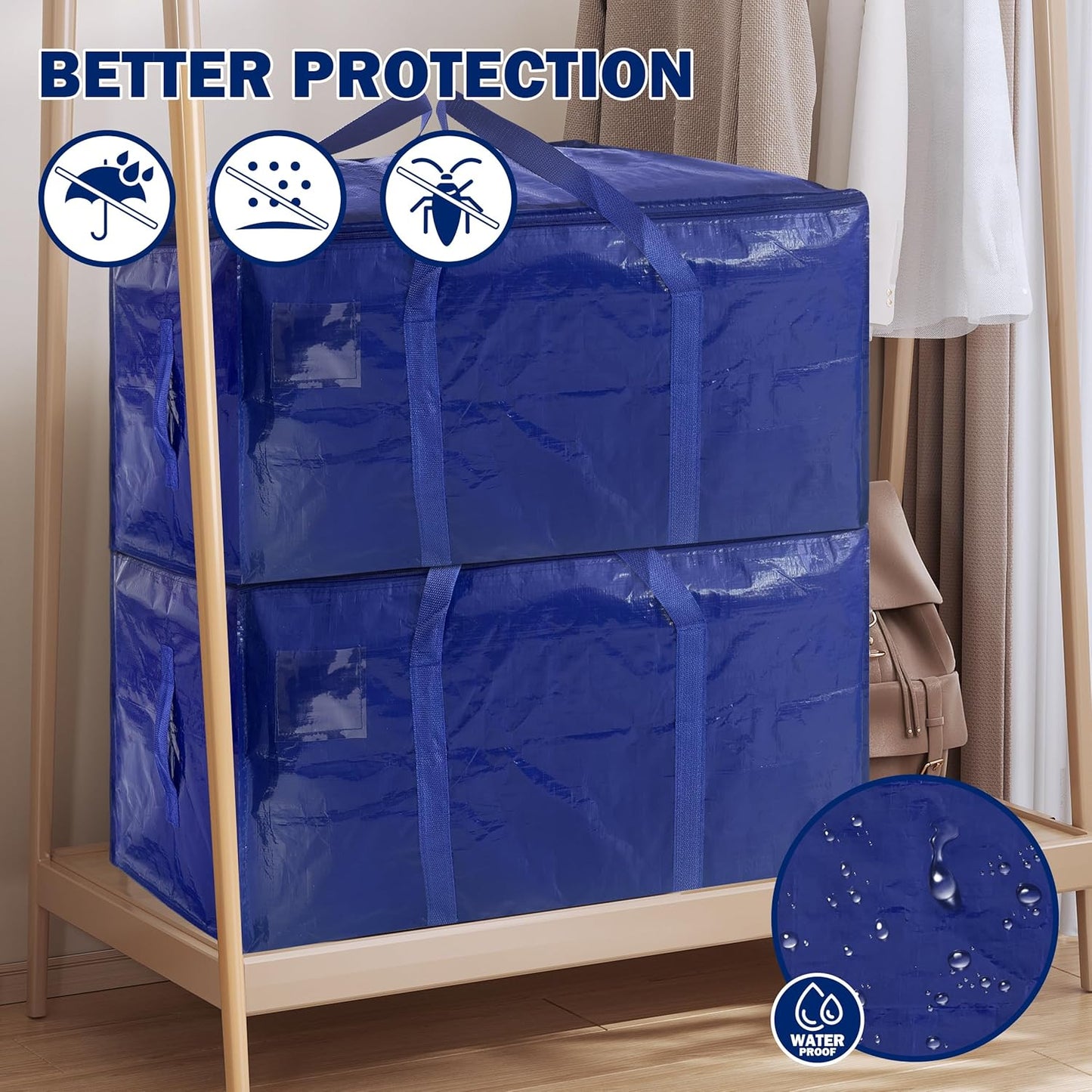 16 Pack Extra Heavy Duty Large Moving Bags with Strong Zipper & Carrying Handles, Sturdy Clothes Storage Bag Totes Bins, Packing Bags Moving Boxes College Moving Supplies, Dark Blue - 33 gal