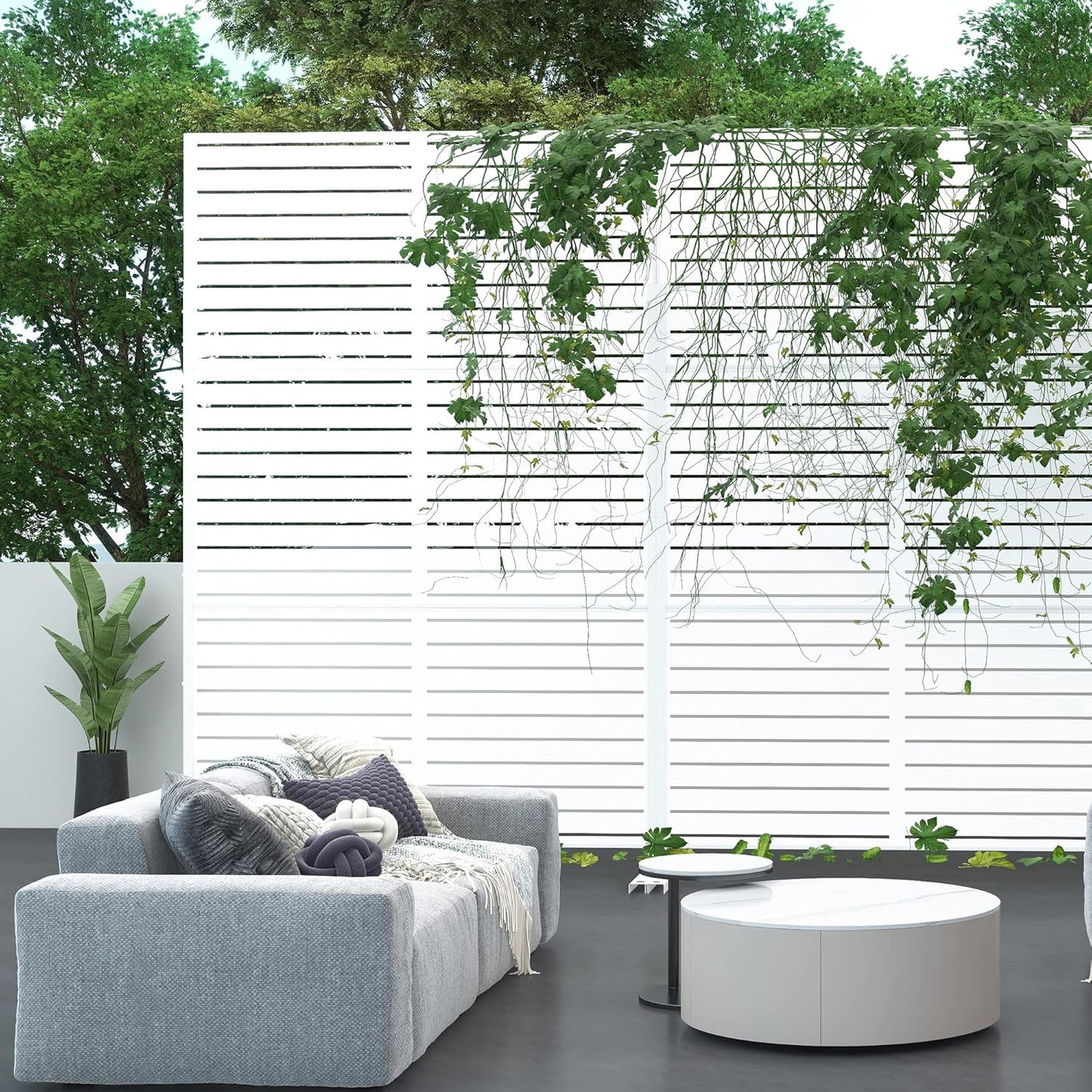 Metal Privacy Screen Outdoor 72" H×47" W,Freestanding Decorative Privacy Screen for Balcony Yard&Garden,Privacy Fence-White&Louvered