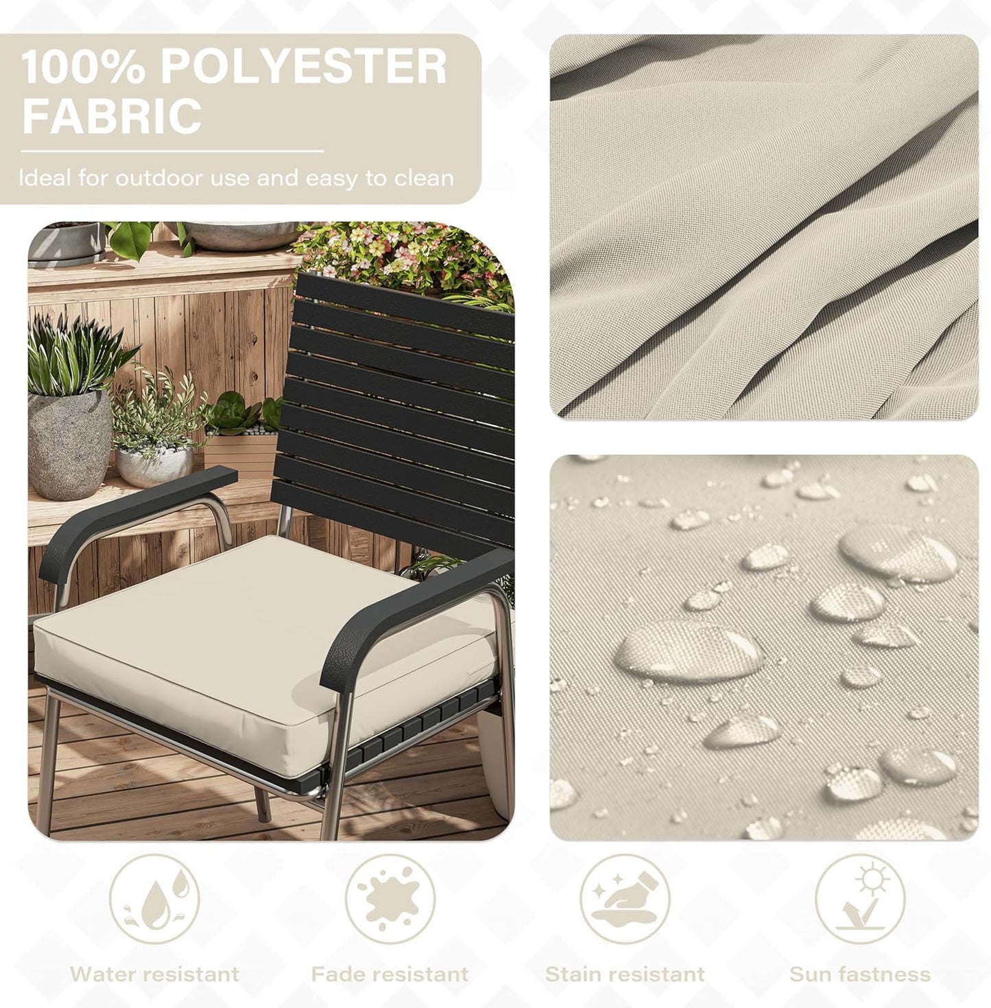 Patio Chair Cushions 17 X 16 X 3 Inch Waterproof Outdoor Seat Cushions for Patio Furniture, Outdoor Sofa Couch Pads with Ties & Handle, Set of 2, Cream