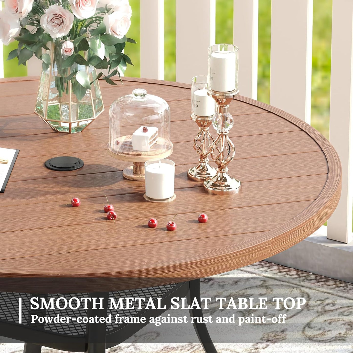VICLLAX 47.2" Outdoor Round Patio Table for Lawn Garden, All Weather Metal Round Outdoor Dining Table with Adjustable Umbrella Hole, 6 Person Patio Table, Walnut Wood-Like Tabletop