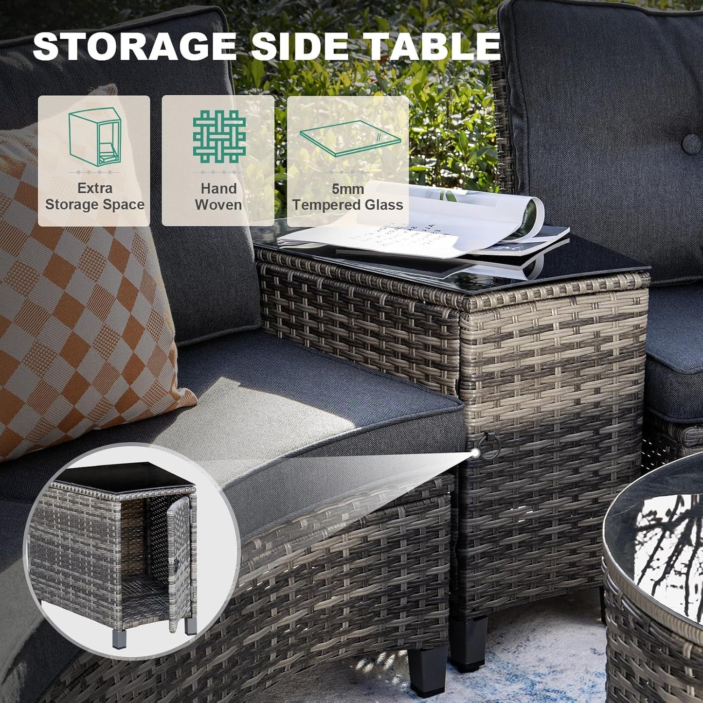 6 Piece Outdoor Patio Furniture Set, Half-Moon Curved Sectional Set with Wood Armrests, Patio Conversation Set, Tempered Glass Coffee & Side Tables (Grey)