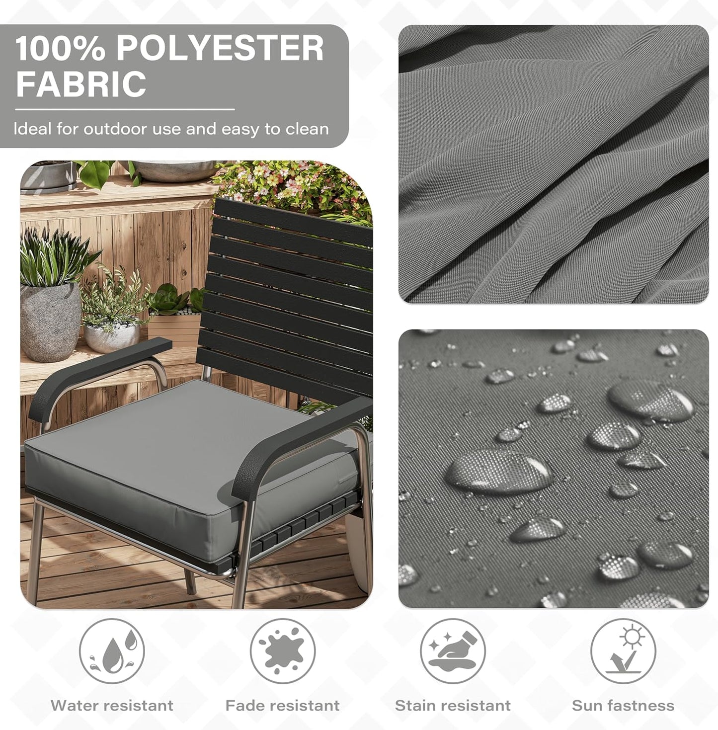 Patio Chair Cushions 18.5 X 16 X 4 Inch Waterproof Outdoor Seat Cushions for Patio Furniture, Outdoor Sofa Couch Pads with Ties & Handle, Set of 2, Light Grey