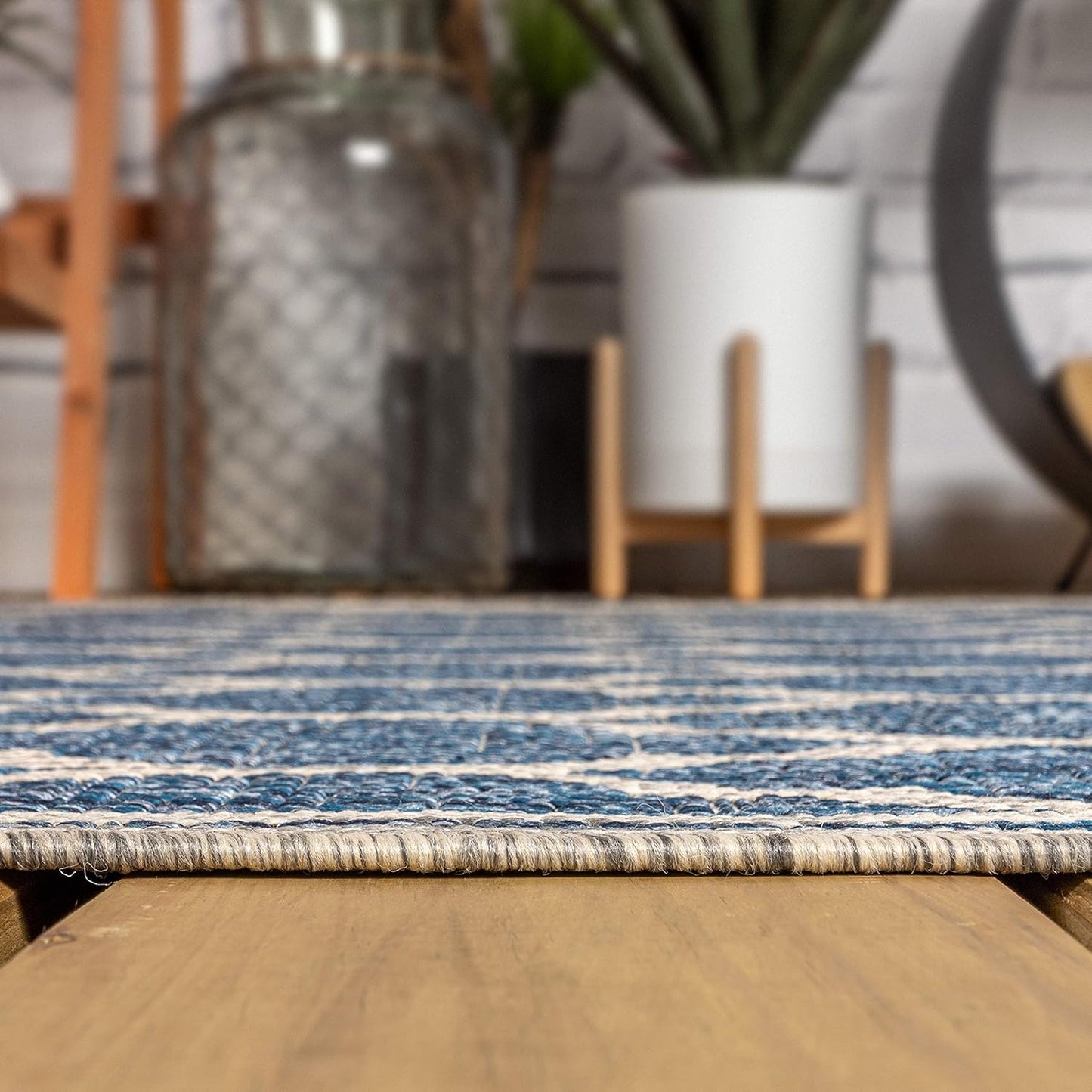 Eyely BMS109D-5SQ Santa Monica Trebol Moroccan Trellis Textured Weave Indoor/Outdoor Area Rug Coastal;Bohemian, Bedroom, Backyard, Patio, Easy-Cleaning, Non-Shedding, 5' Square, Navy/Gray