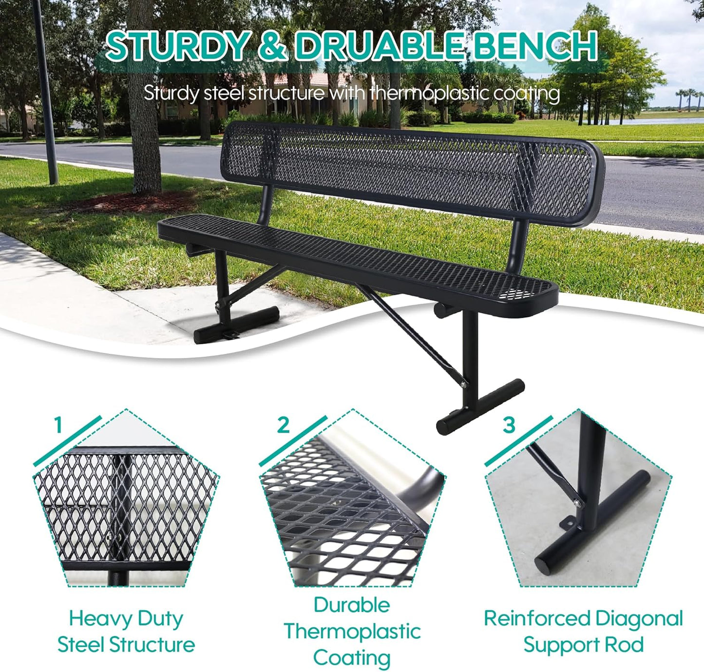 8FT Outdoor Bench Metal Park Bench with Backrest, Heavy-Duty Expanded Picnic Bench Steel Mesh Portable Seating Patio Bench for Garden, Porch, Park,School,Road Sports