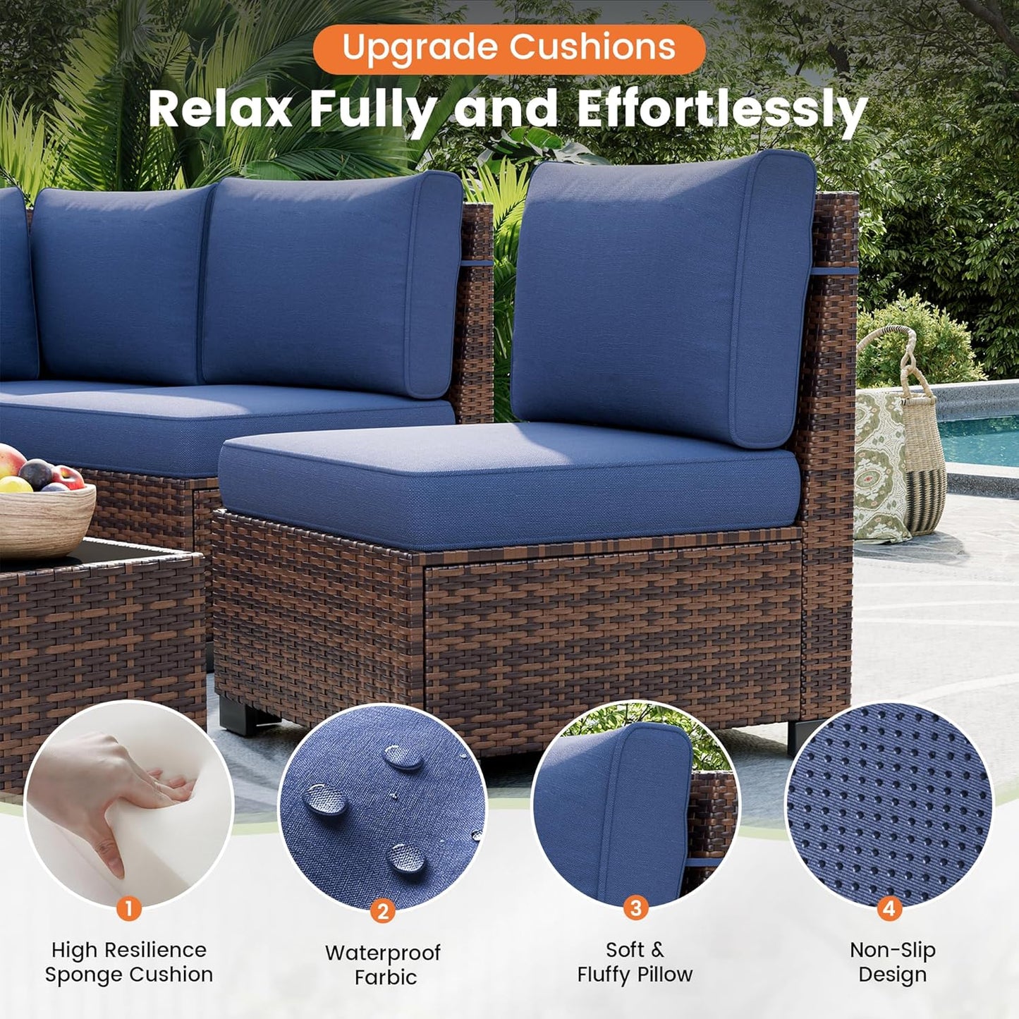 UDPATIO Patio Furniture Set with Fire Pit Table, 8 Inch Armrest Outdoor Sectional Sofa, 9 Piece Wicker Outdoor Furniture Conversation Sets with Waterproof Cover for Backyard Deck(Brown/Navy Blue)