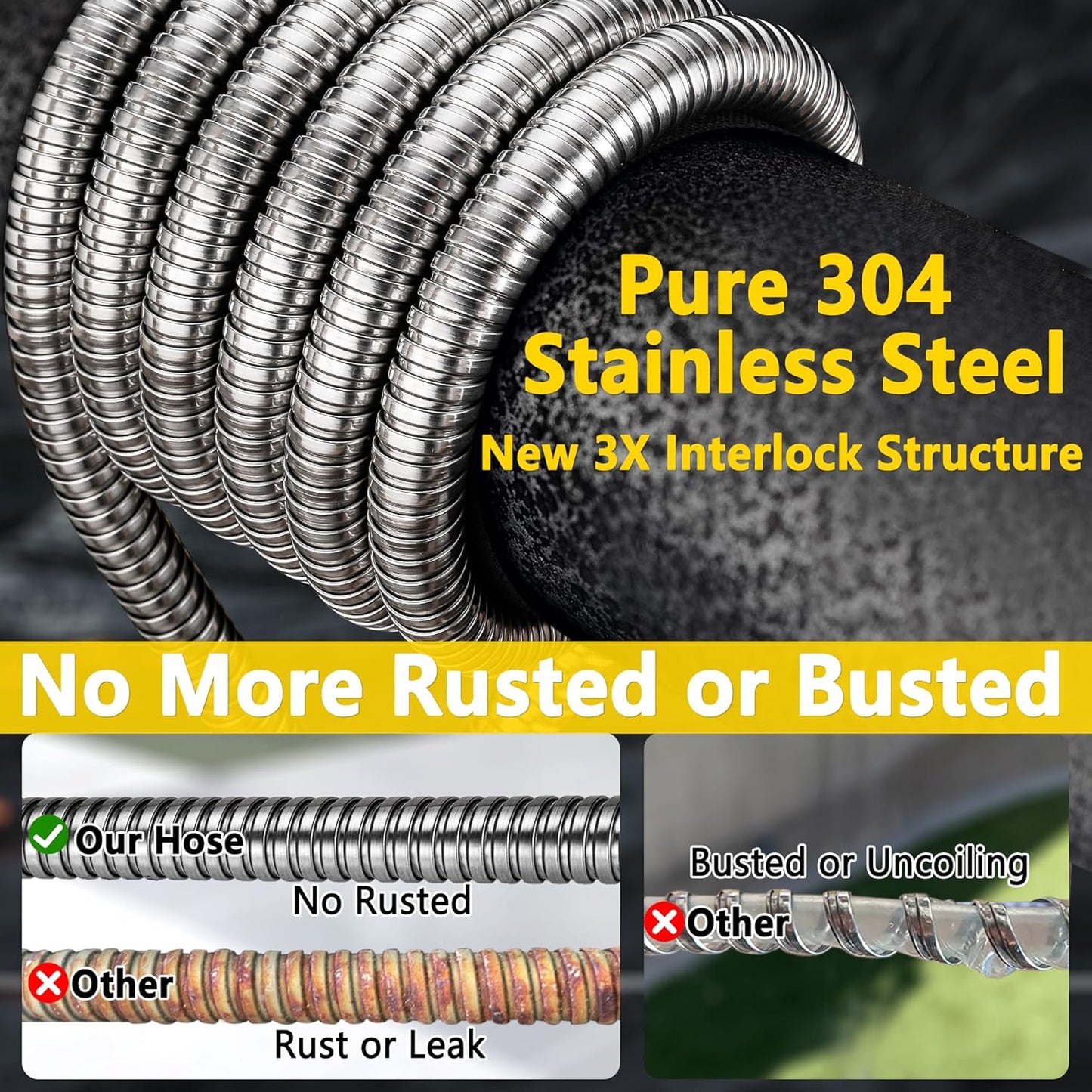 Metal Garden Hose 200 FT - Stainless Steel Garden Hose Leak-Proof with Layer Latex Core - 2025 Version/New Patented,Lightweight,Durable, Less-Kink Flexible Metal Water Hoses