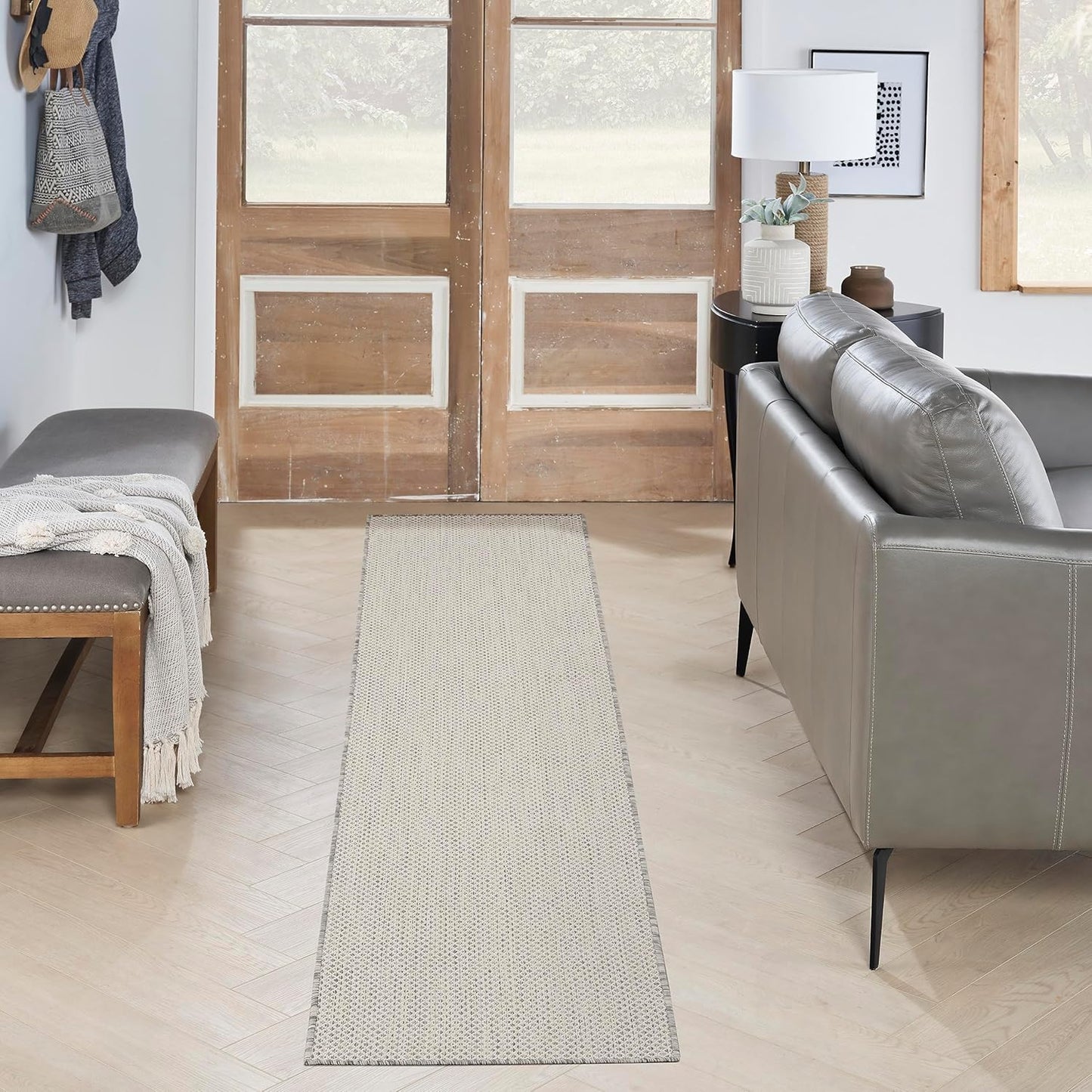 Nourison Home Courtyard Indoor/Outdoor Ivory Silver 2'2" x 12' Area Rug, Easy Cleaning, Non Shedding, Bed Room, Living Room, Dining Room, Backyard, Deck, Patio (2x12)
