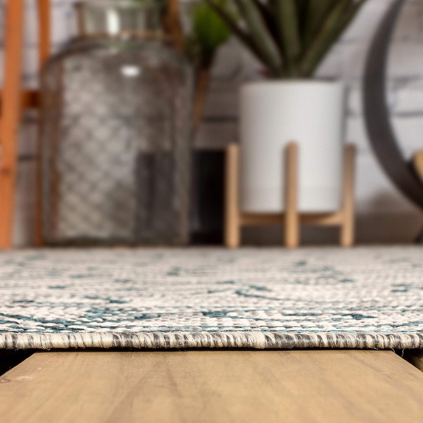 JONATHAN Y SMB106E-5SQ Charleston Vintage Filigree Textured Weave Gray/Teal 5' Square Indoor/Outdoor Area Rug, Pet Friendly, Non-Shedding, Stain Resistant, Easy-Cleaning for Backyard, Patio, Porch