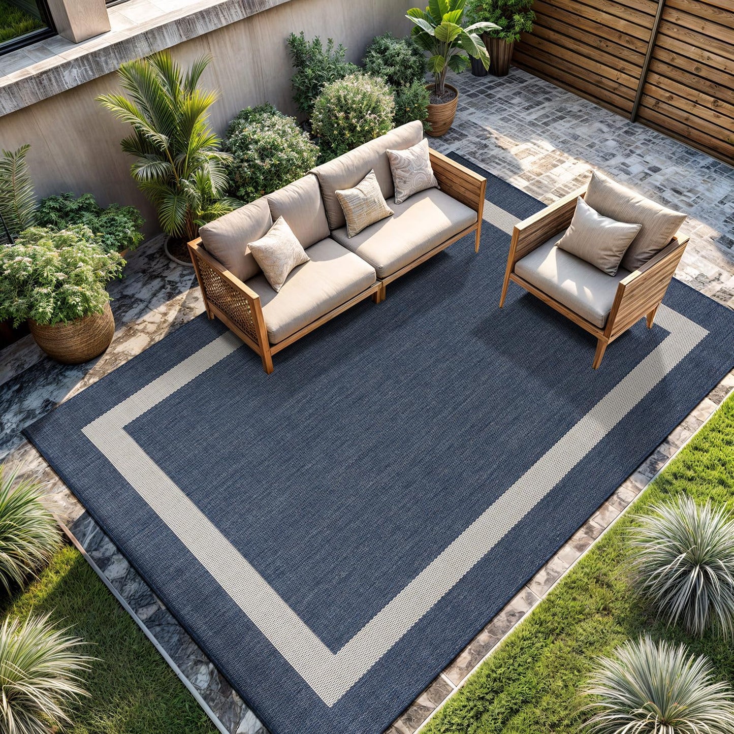CAMILSON Outdoor Rug 6x9, Modern Outside Rugs for Patios Porches Waterproof Durable Washable Non-Shedding, Easy-to-Clean Indoor Outdoor Area Carpet (6 x 9, Bordered - Blue/White)