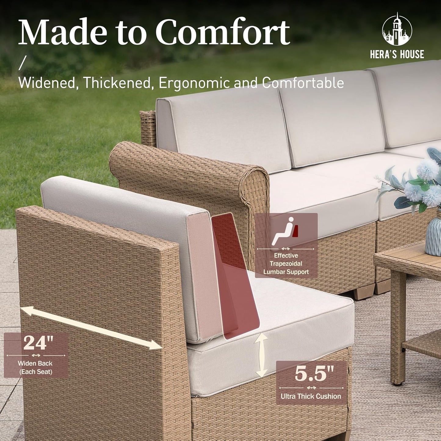 HERA'S HOUSE Patio Furniture Set, All Weather 6 Seats Outdoor Sectional Wicker Sofa with 44" Coffee Table, 5.5" Thick Waterproof Cushion 7 Pieces Modular Conversation Sofa Set for Garden Deck Backyard