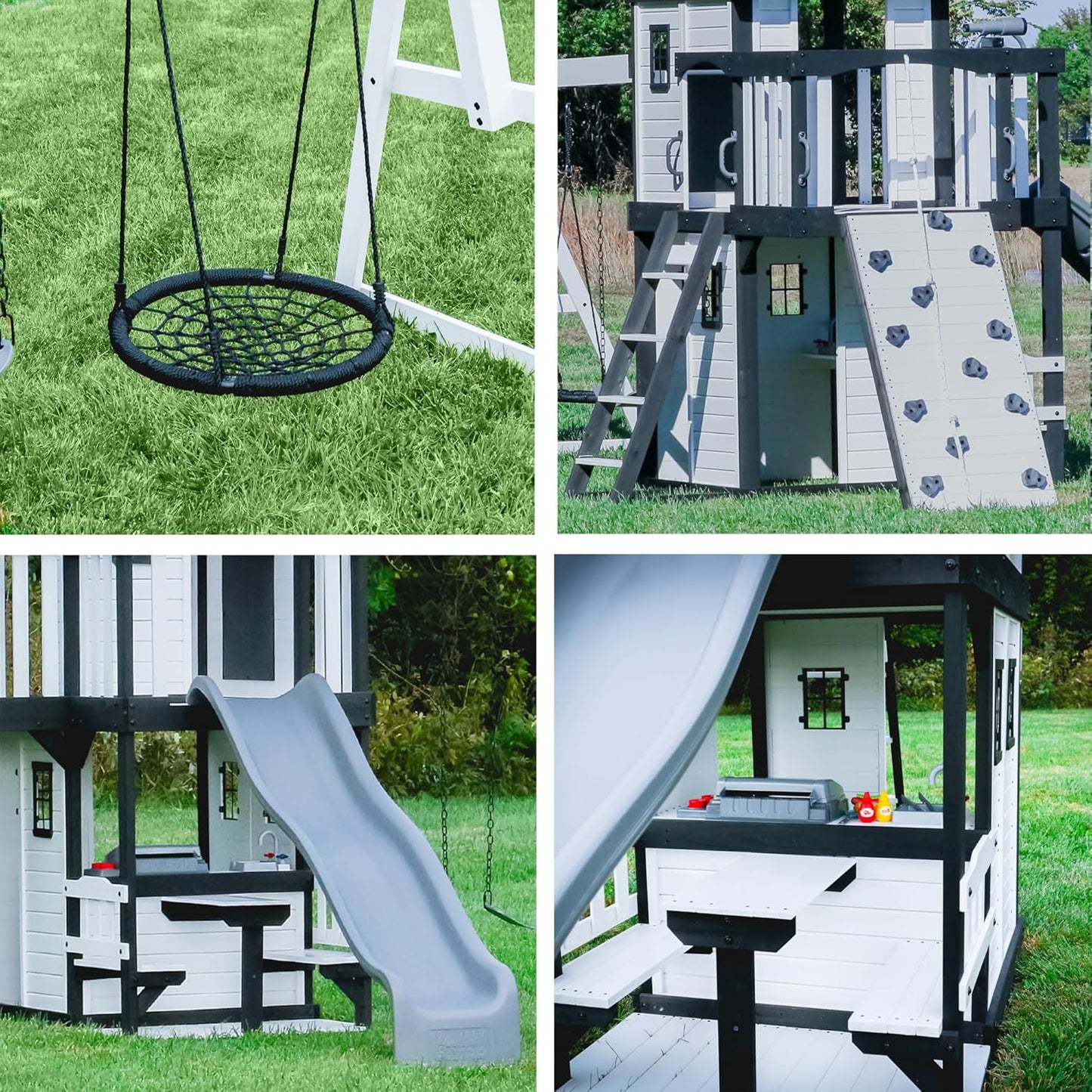 Backyard Discovery Canyon Creek White Cedar Wood Swing Set with Wave Slide, Clubhouse, Play Kitchen, Picnic Area, Belt Swings, Web Swing, Rock Wall, Balconies, Playhouse, Step Ladder, Outdoor Playset
