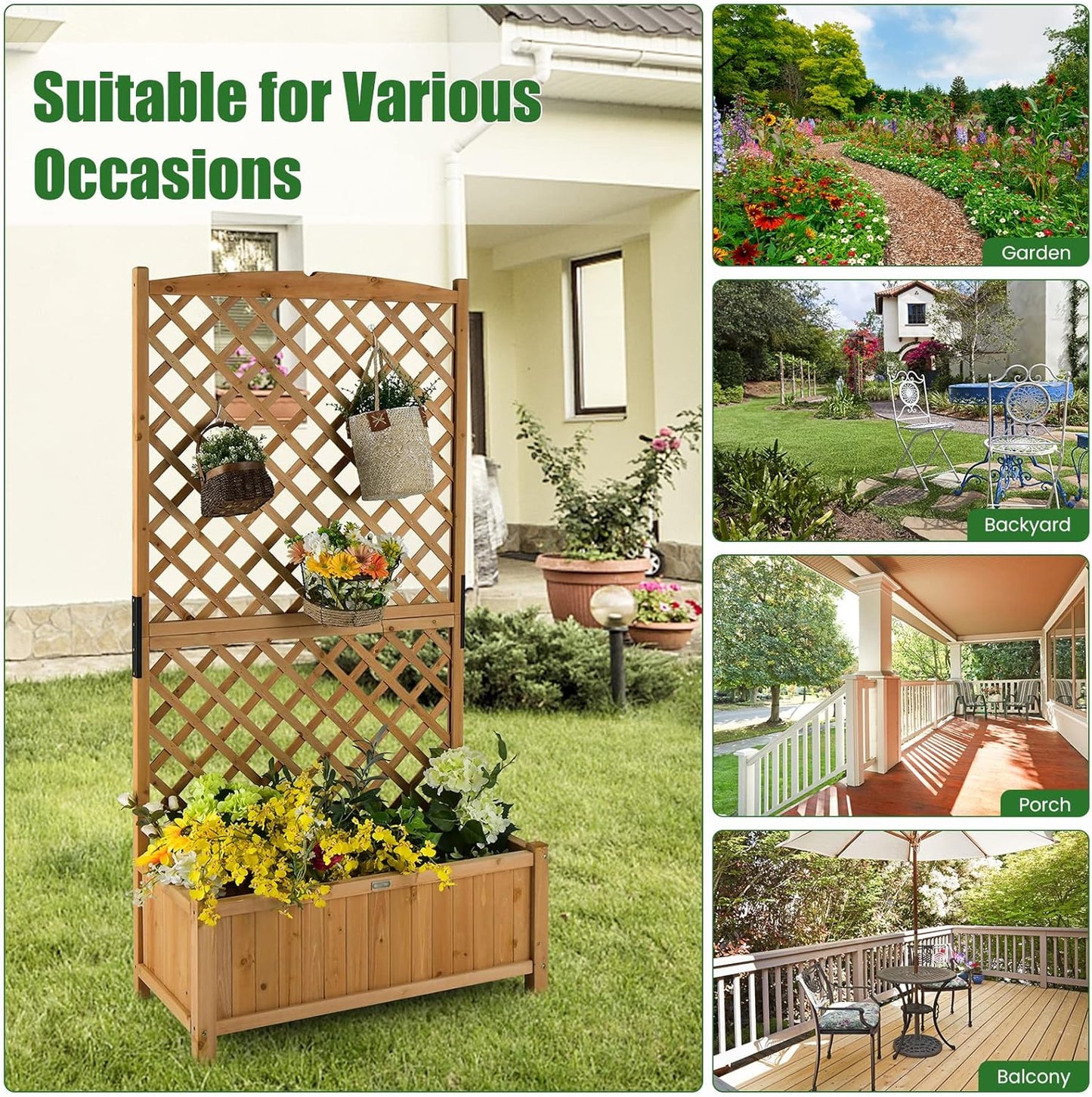 HAPPYGRILL Raised Garden Bed with Trellis, 71" Planter Raised Bed with Drainage Holes, Freestanding Garden Planter for Vine Climbing Plants, Wooden Planter Box for Yard Balcony(1, Yellow)