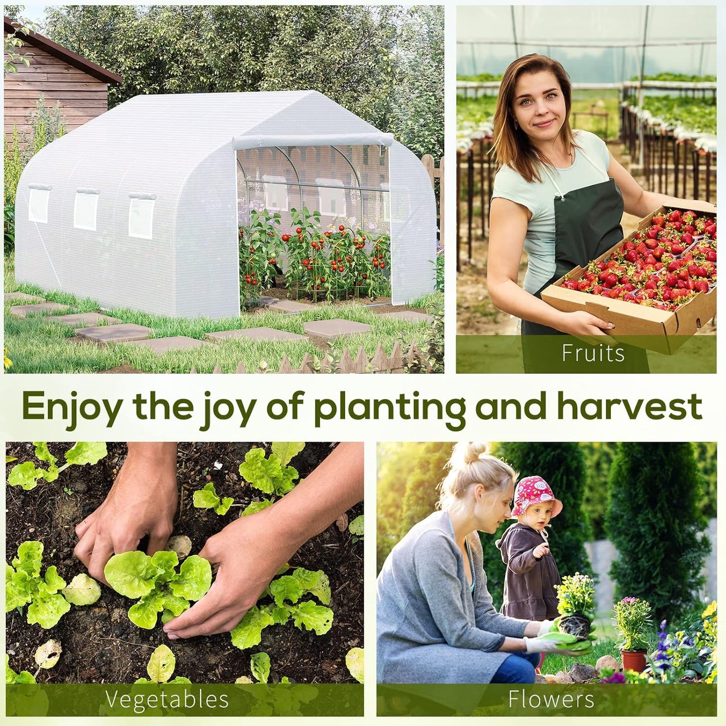 Outsunny 11.5' x 10' x 6.5' Outdoor Walk-in Greenhouse, Tunnel Green House with Roll-up Windows, Zippered Door, PE Cover, Heavy Duty Steel Frame, White