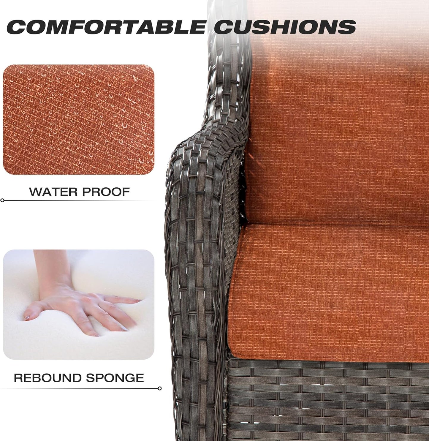 Joyside Outdoor Swivel Rocker Patio Chair and Matching Side Table - 2-Piece Wicker Patio Bistro Set with Premium Fabric Cushions (Brown Mixed with Grey/Orange)